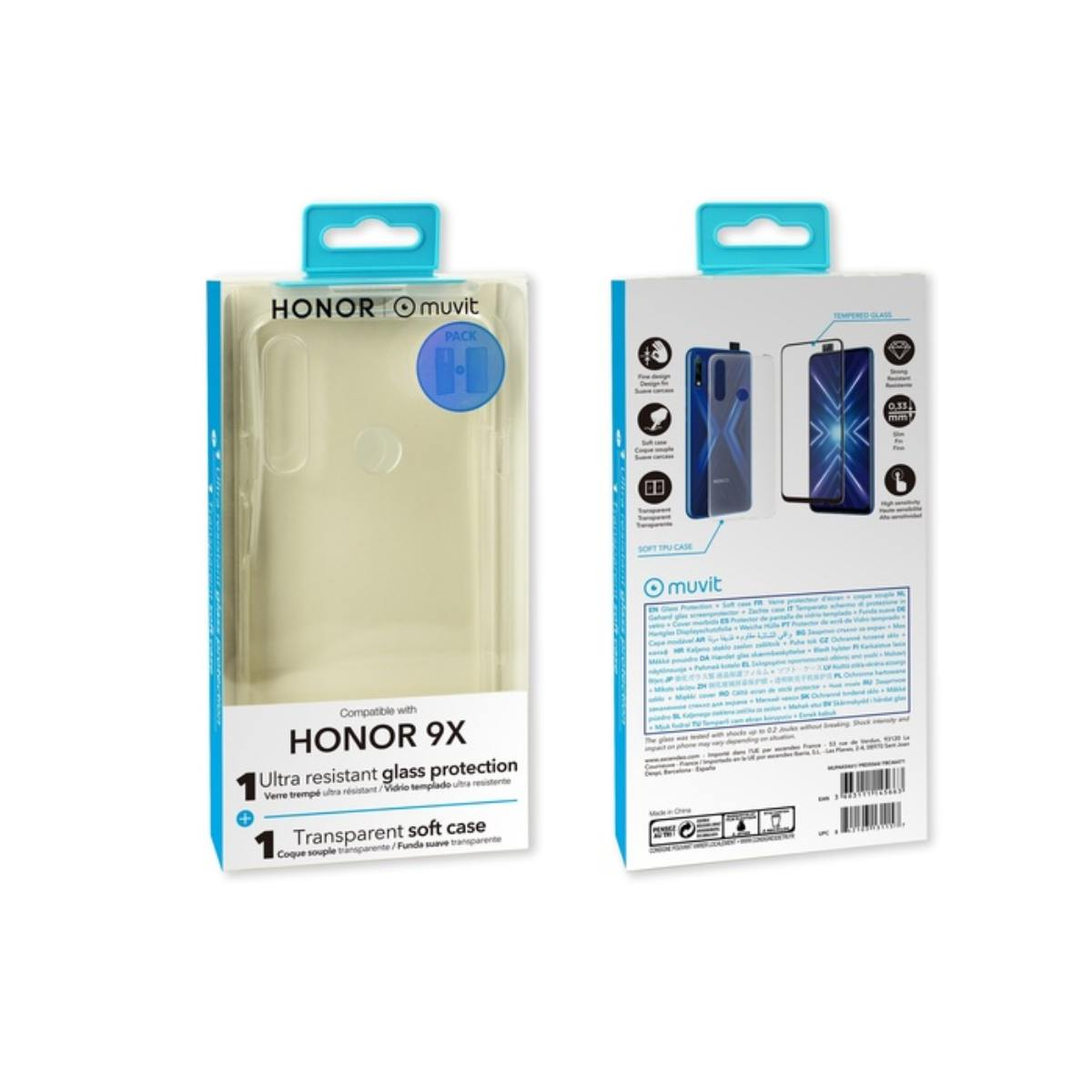 Una confezione di custodia per telefono con una custodia trasparente e una protezione per lo schermo. Ha colori blu e bianco.