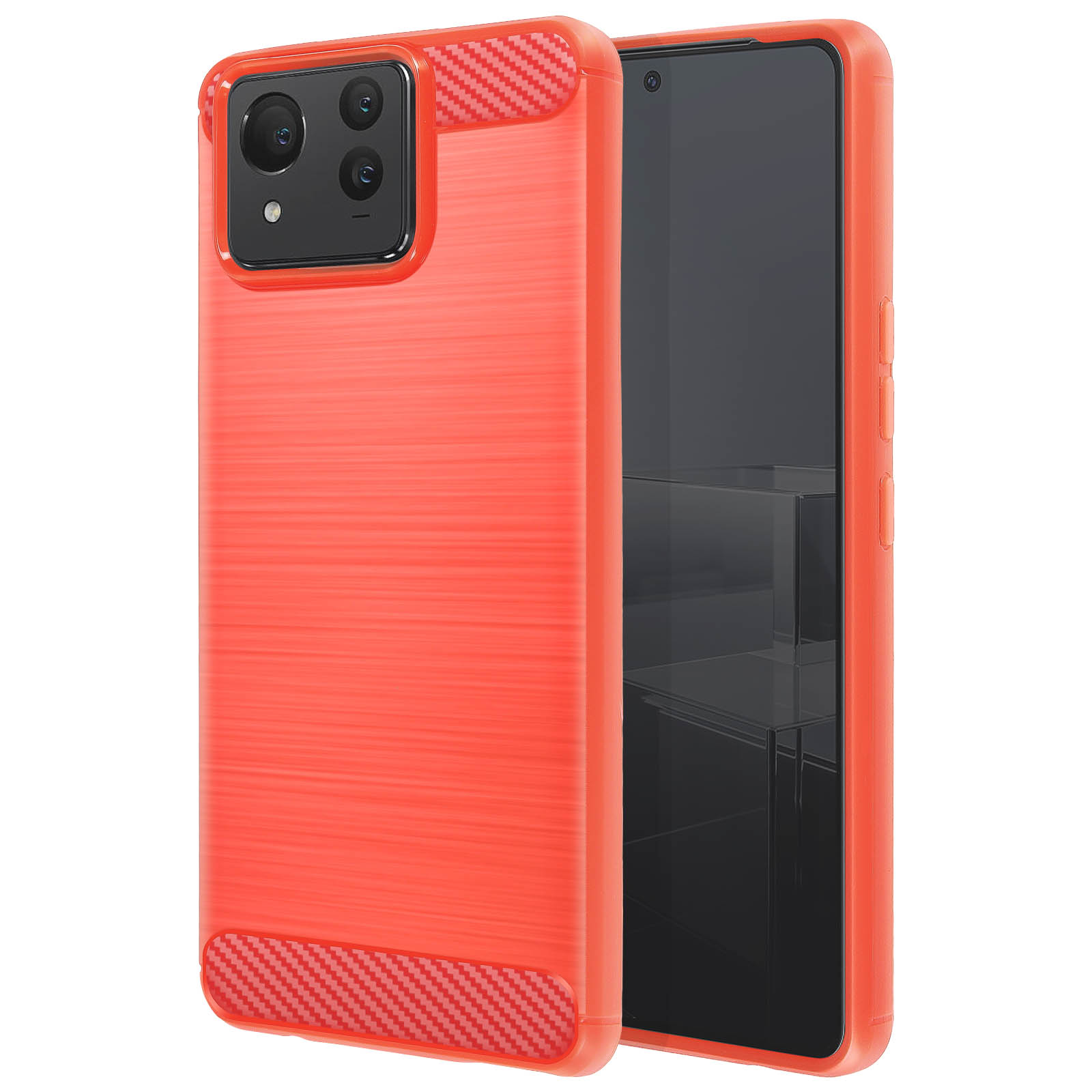 Se muestra una funda de teléfono naranja con textura cepillada roja. Un patrón de fibra de carbono negro está en la parte superior e inferior.