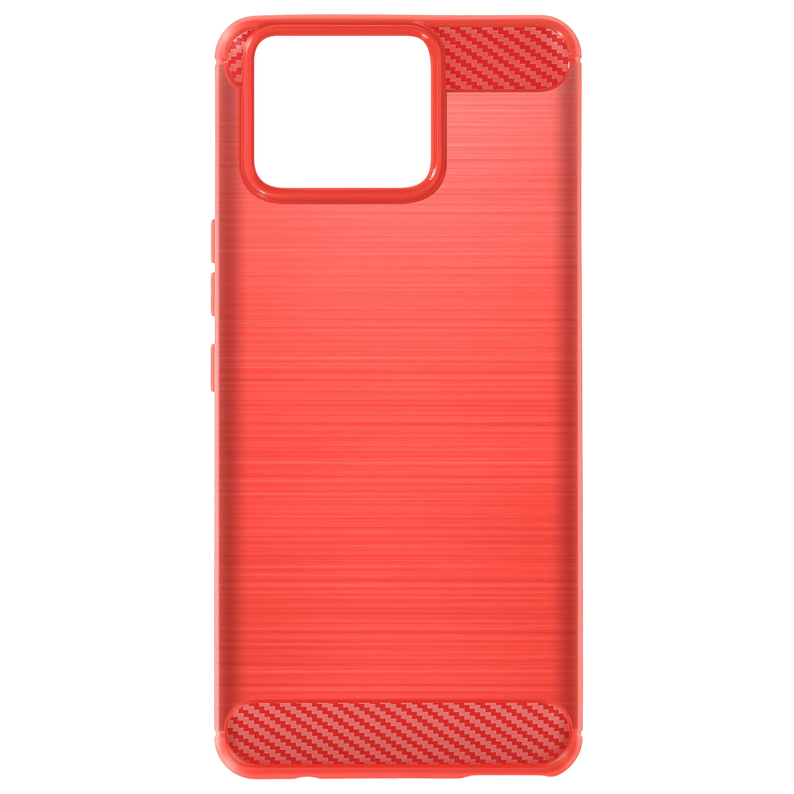 Funda de teléfono roja con líneas horizontales y detalles de fibra de carbono. Primer plano.