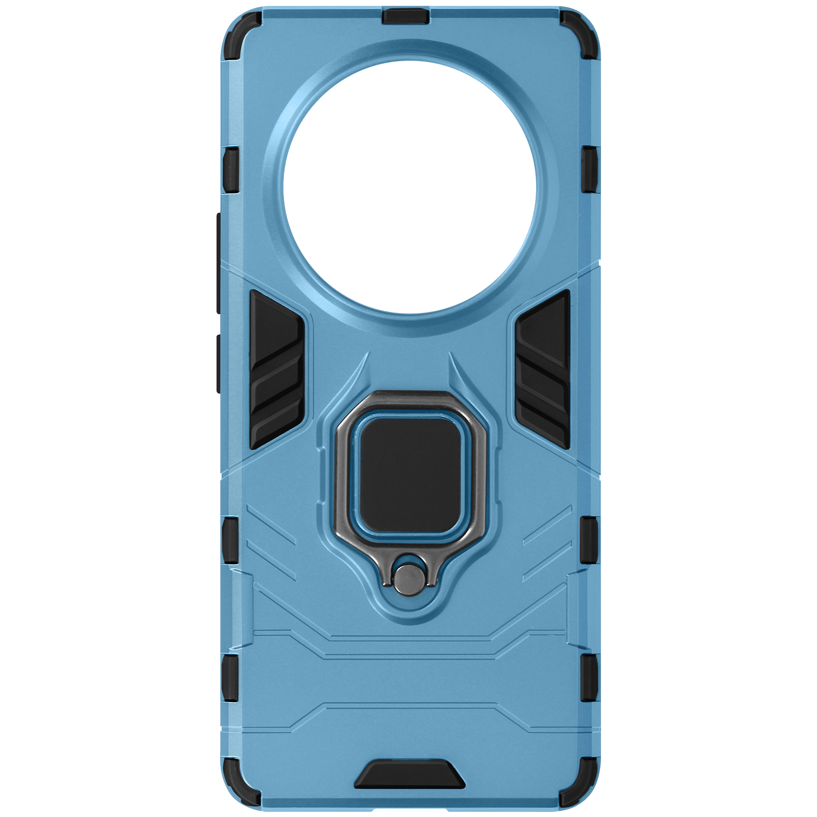 Custodia blu con anello di supporto e dettagli neri. Sfondo bianco.