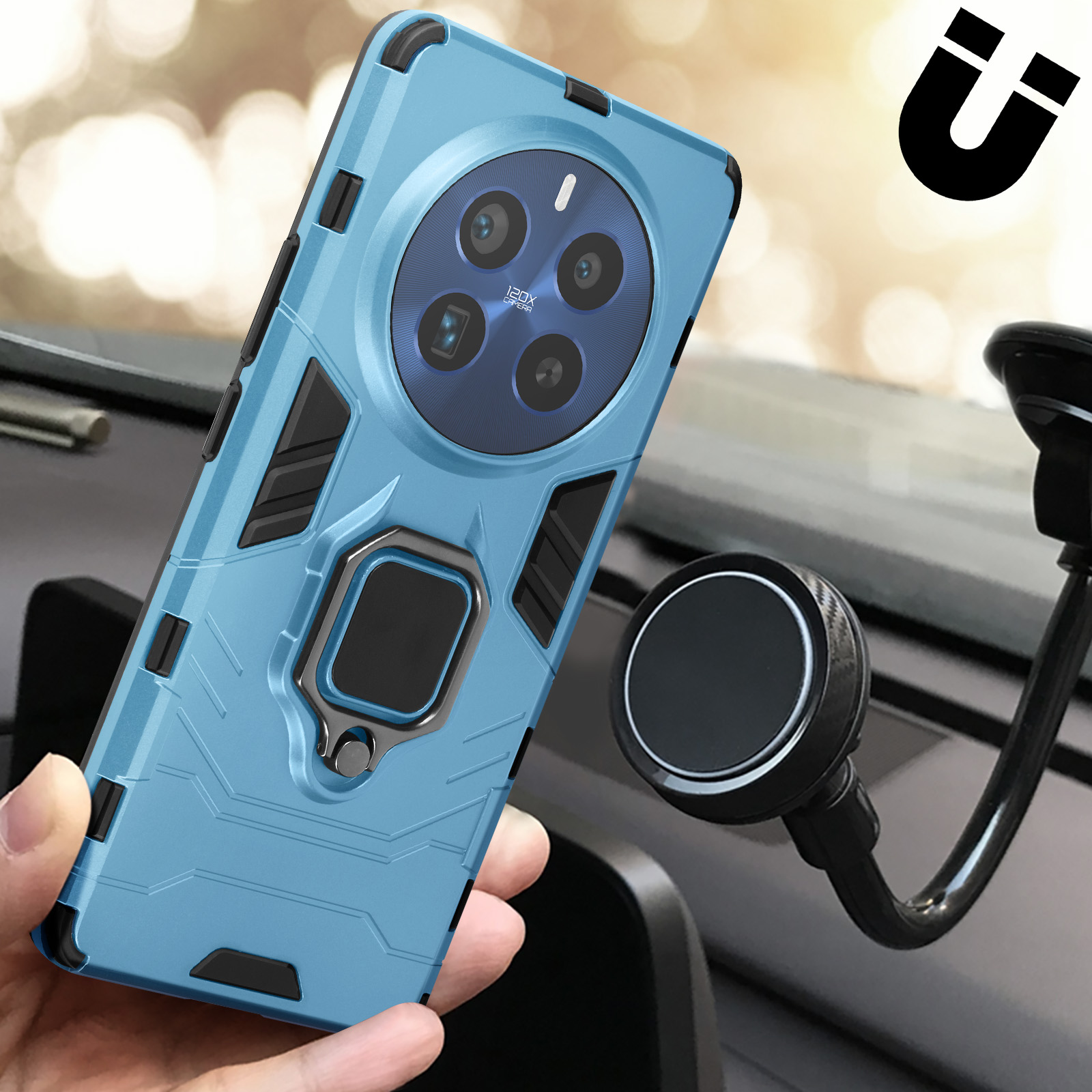 Custodia blu per telefono con supporto per auto, con superficie nera e magnete a forma di U.