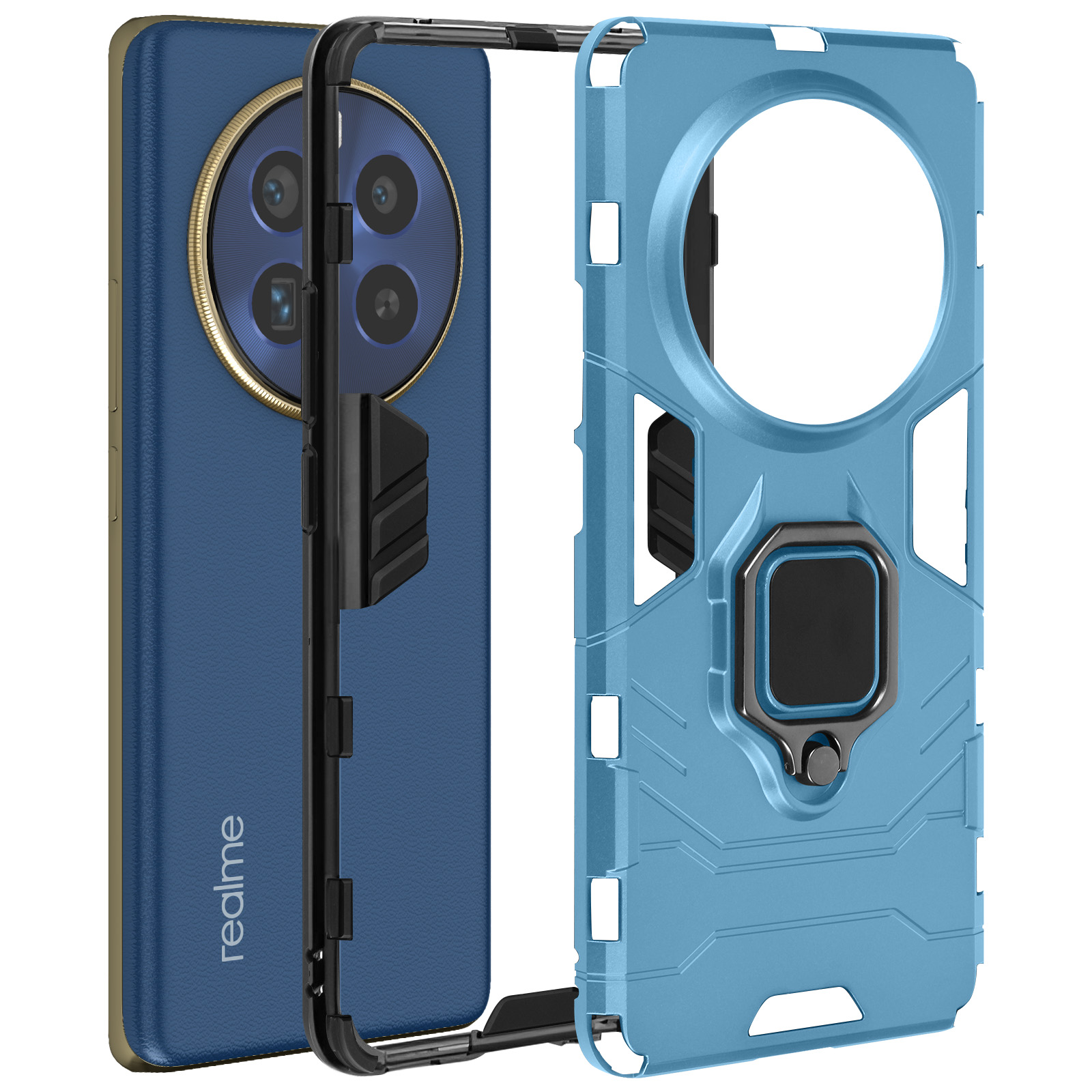 Custodia per telefono blu con supporto ad anello nero e protezione della fotocamera. Il telefono è blu e oro.