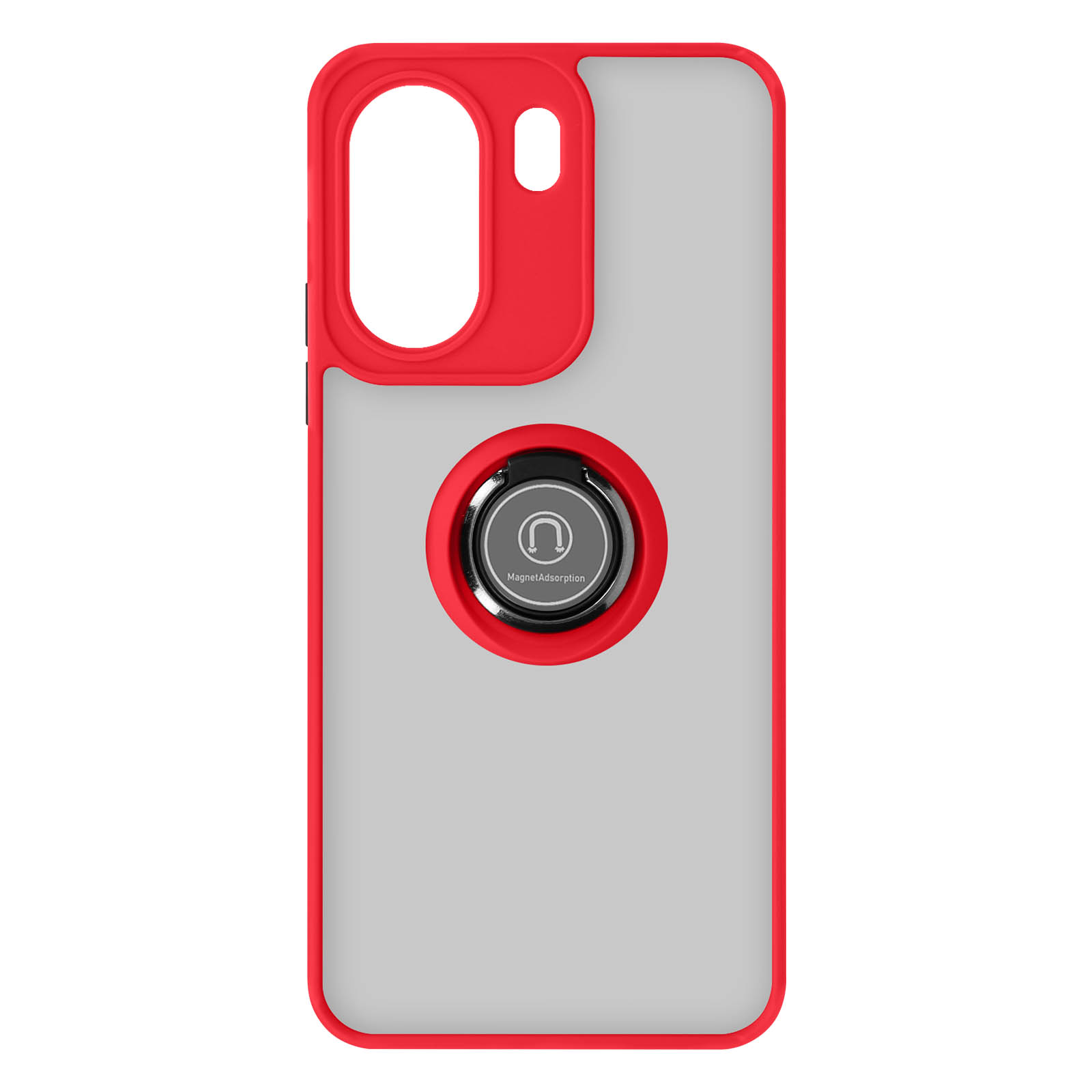 Una custodia per telefono con cornice rossa, supporto ad anello magnetico e retro grigio.