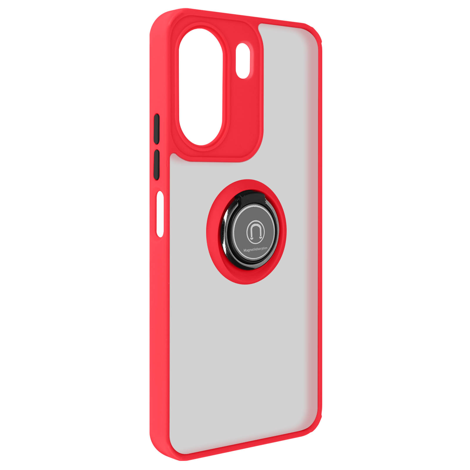 Custodia rossa per telefono con retro trasparente. Un anello con magnete.