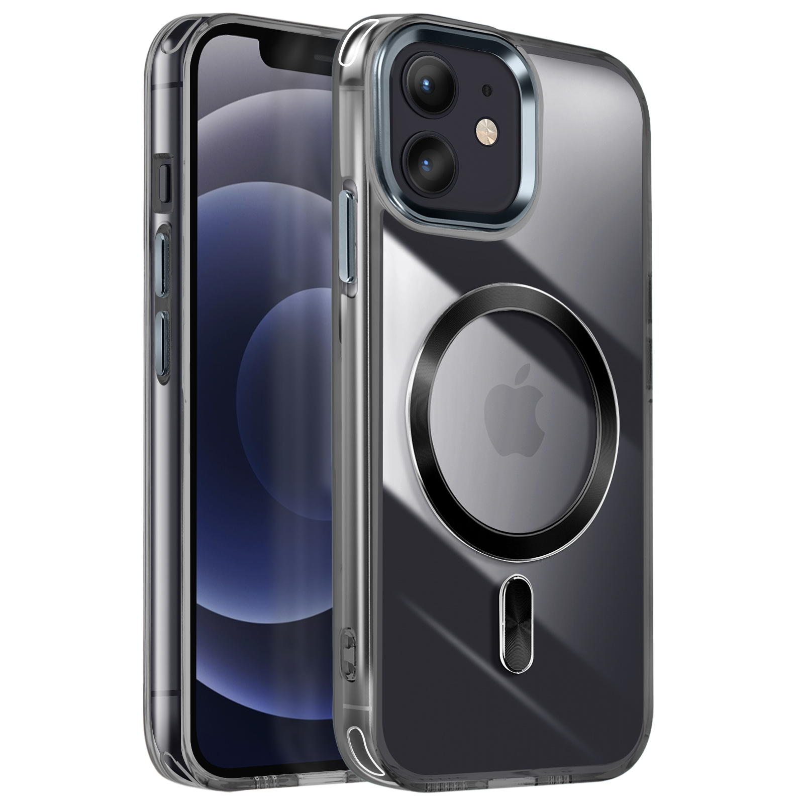 Due telefoni in custodie trasparenti. Le custodie sono trasparenti con un cerchio magnetico sul retro.