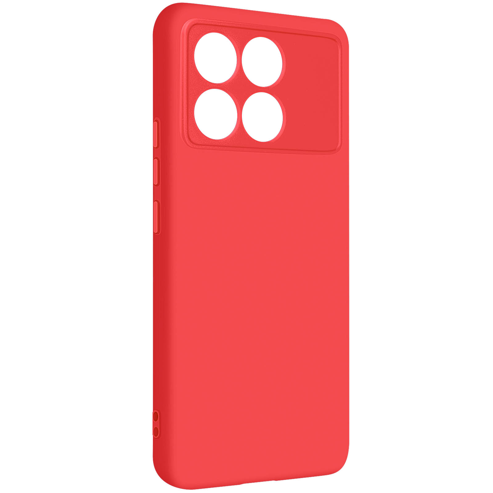 Una custodia per telefono rossa con un ritaglio per la fotocamera. La custodia ha quattro fori per la fotocamera.