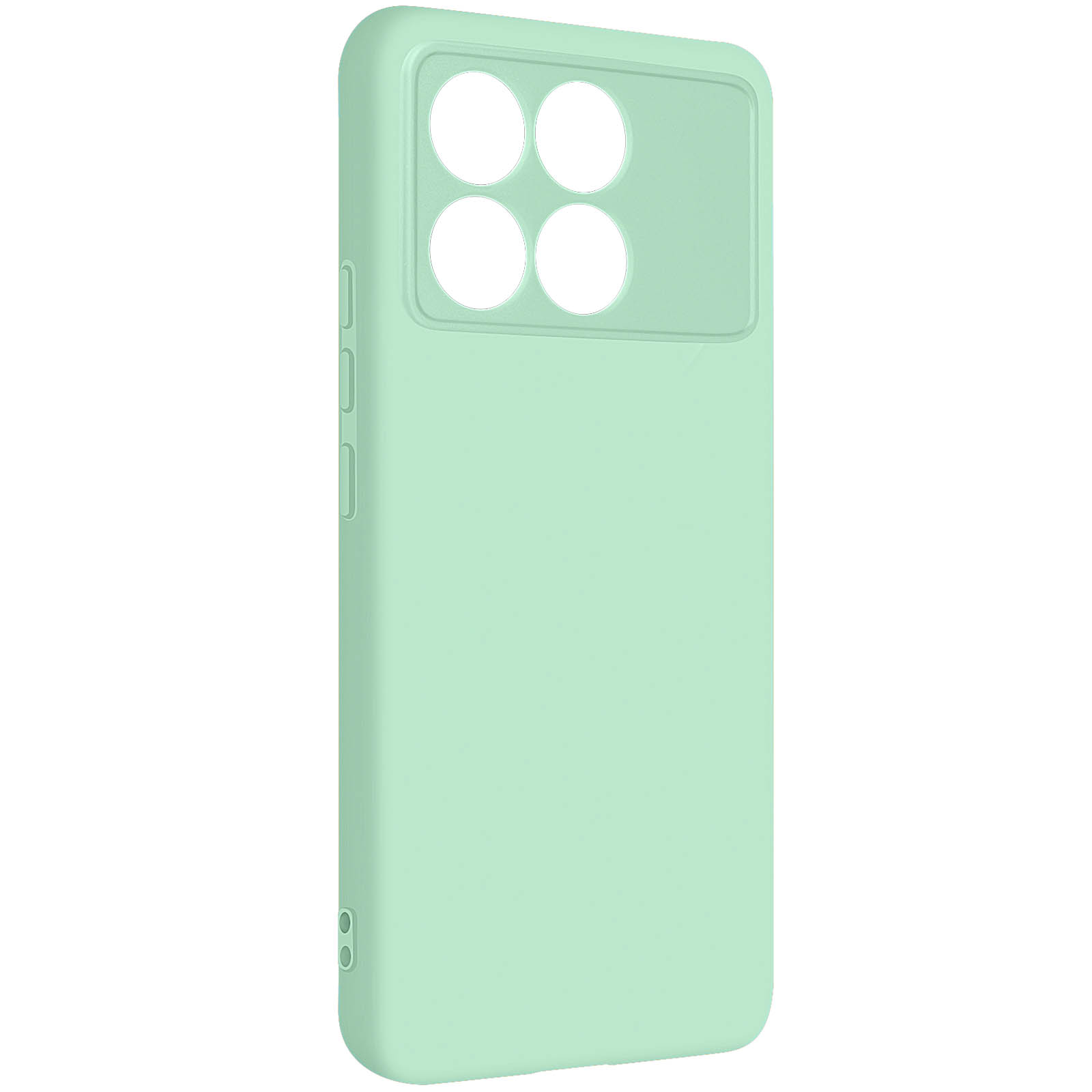 Custodia per telefono verde menta. Quattro ritagli per la fotocamera e una superficie liscia verde chiaro. Sfondo bianco.