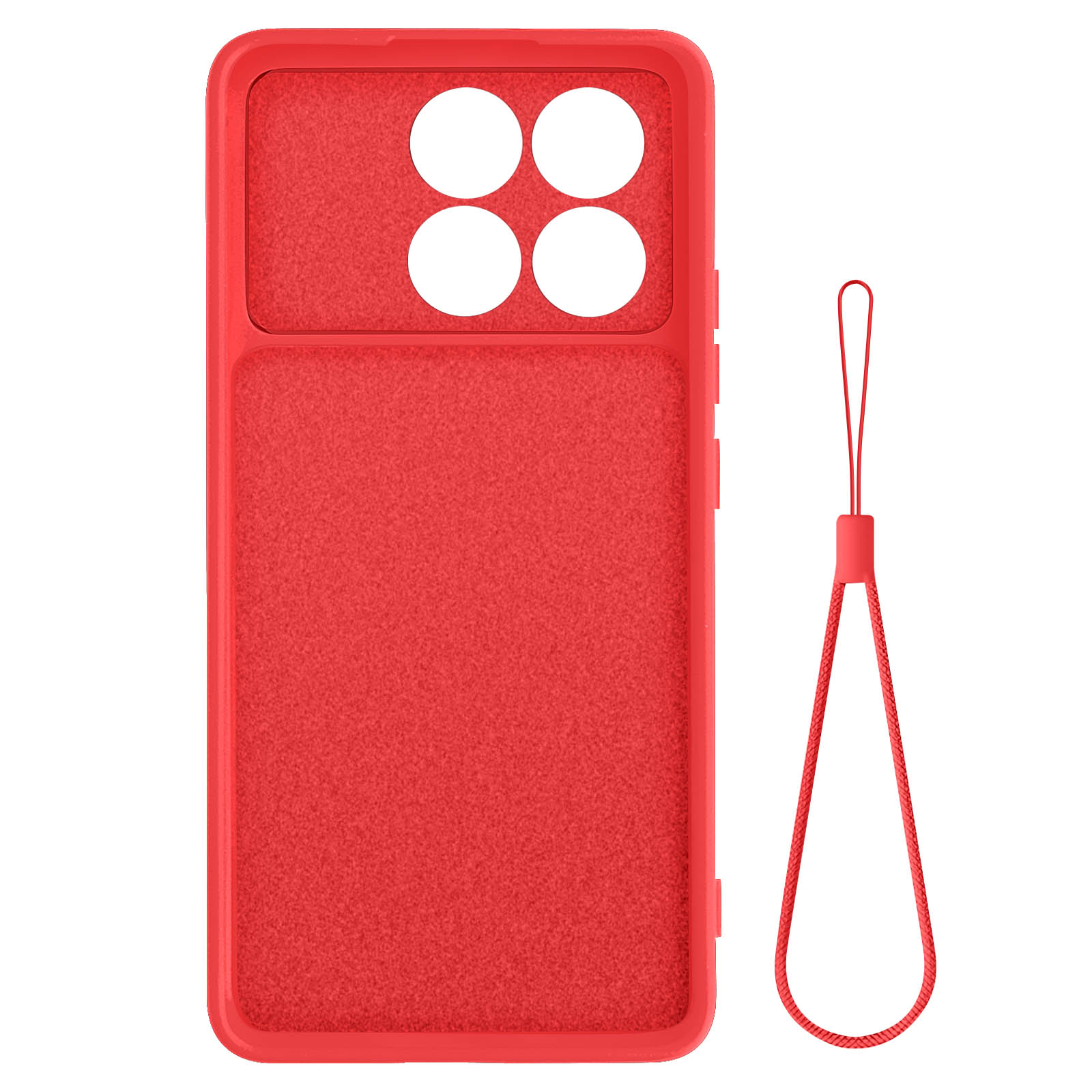 Custodia rossa con cordino. Ha ritagli per la fotocamera ed è strutturata.