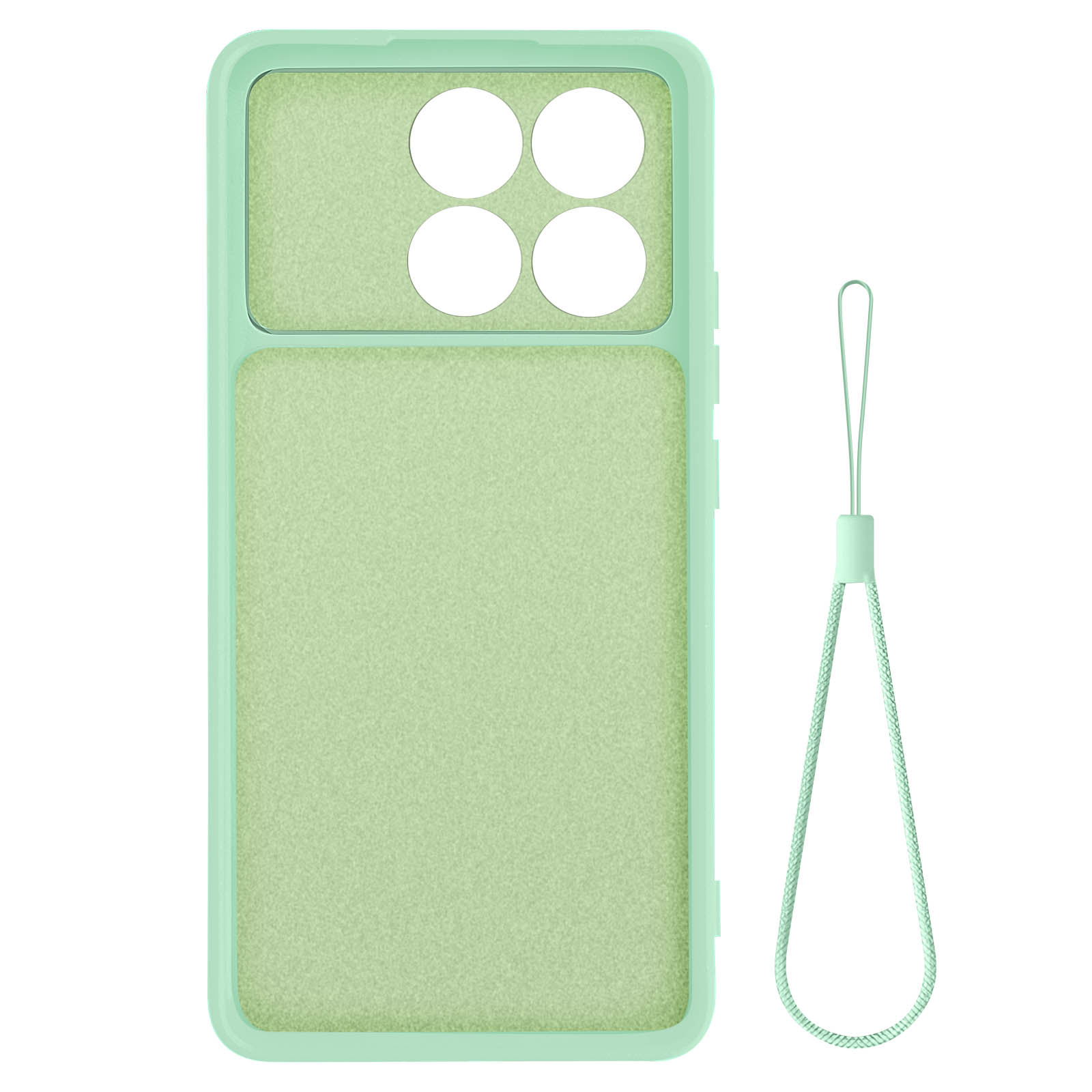 Custodia per telefono verde chiaro con fori per fotocamera e cinturino abbinato.