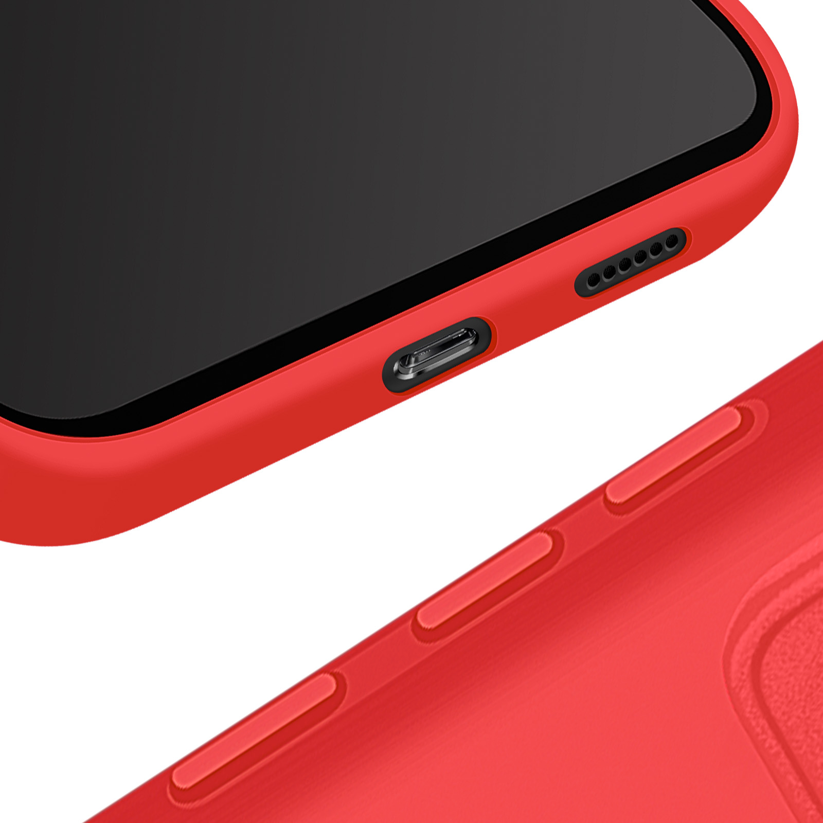 Primo piano di un telefono rosso. Mostra la parte inferiore con la porta di ricarica e il lato con i pulsanti.
