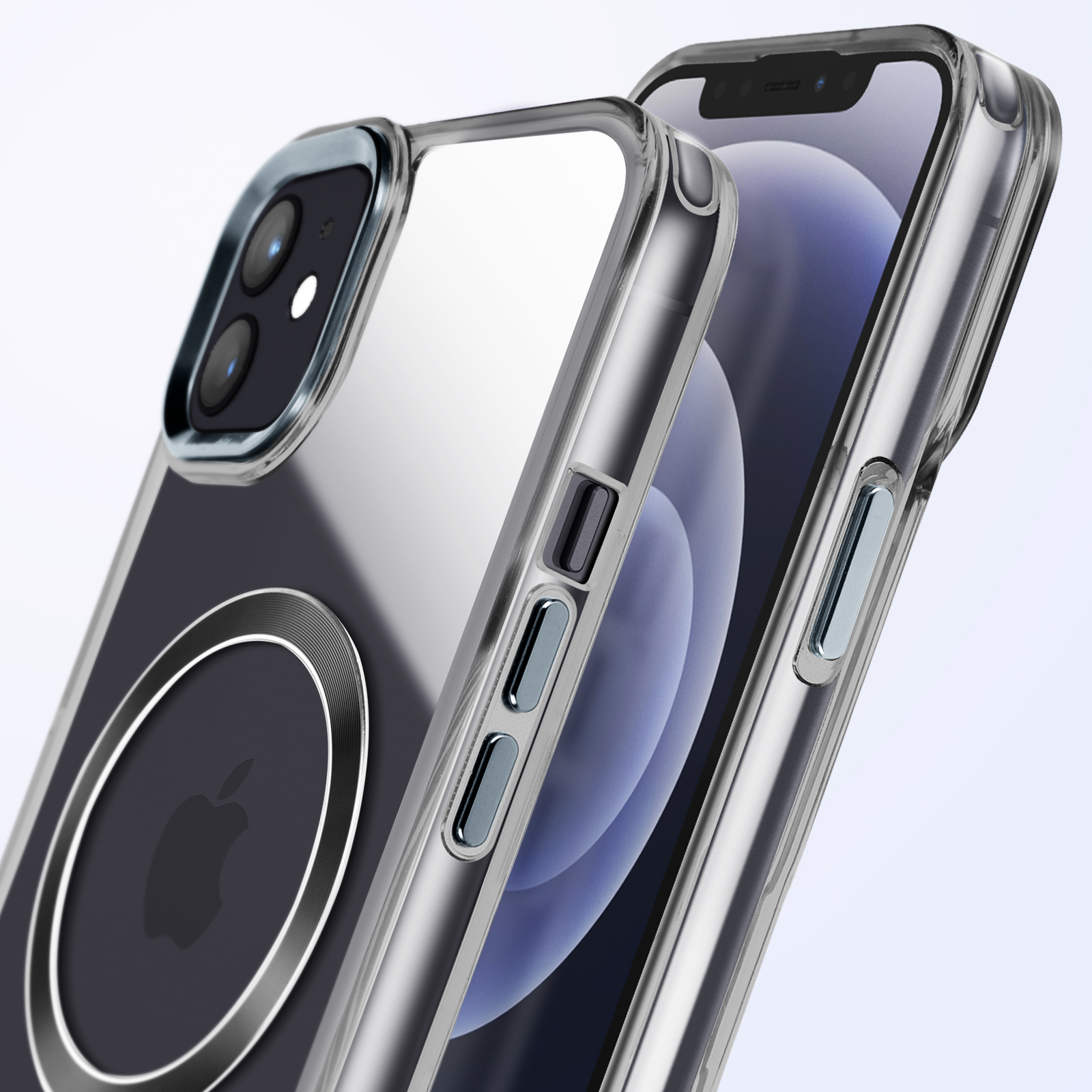 Custodia trasparente con anello argentato attorno alla fotocamera e logo Apple.