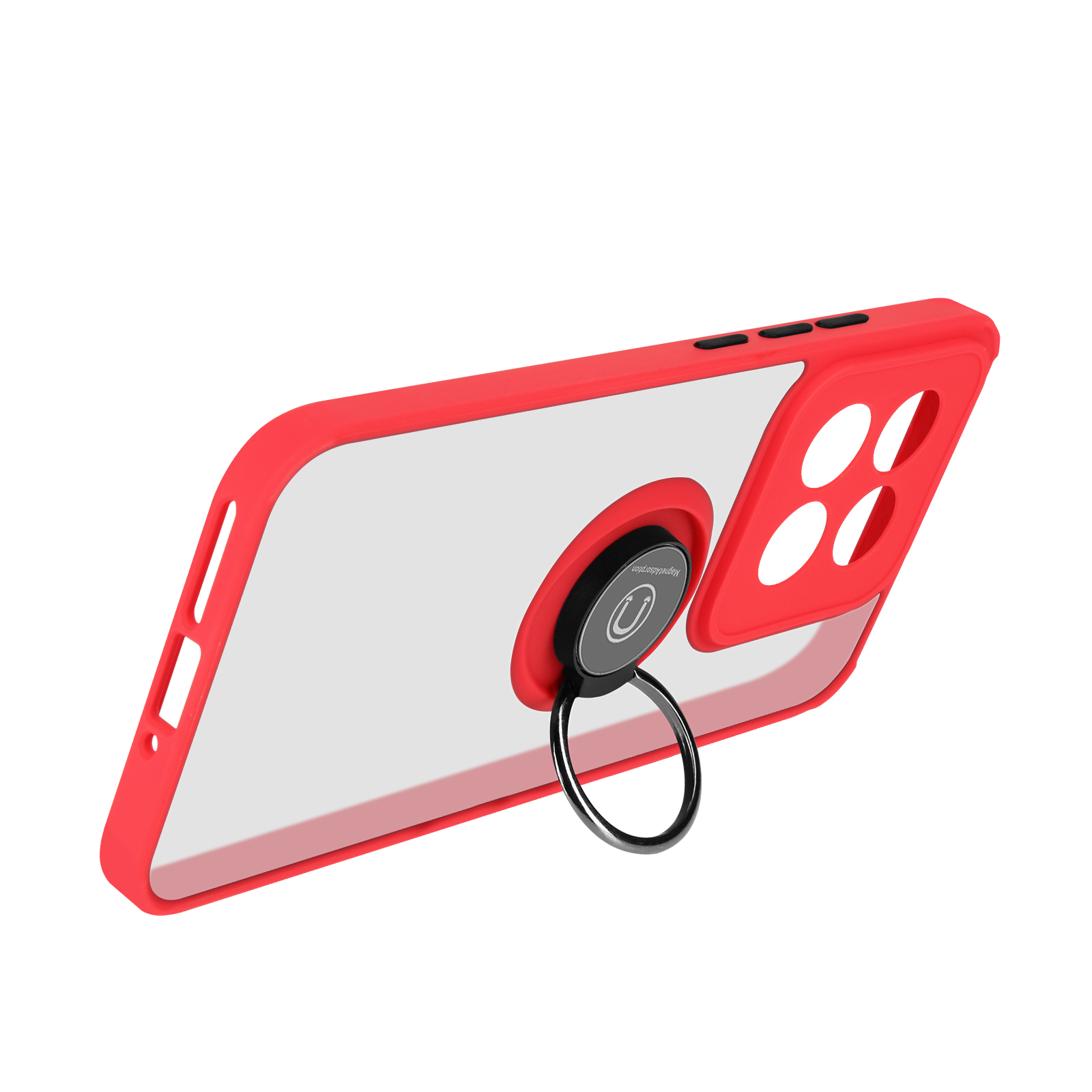 Custodia rossa per telefono con anello. Retro trasparente, cornice rossa. Anello nero. Sfondo bianco.