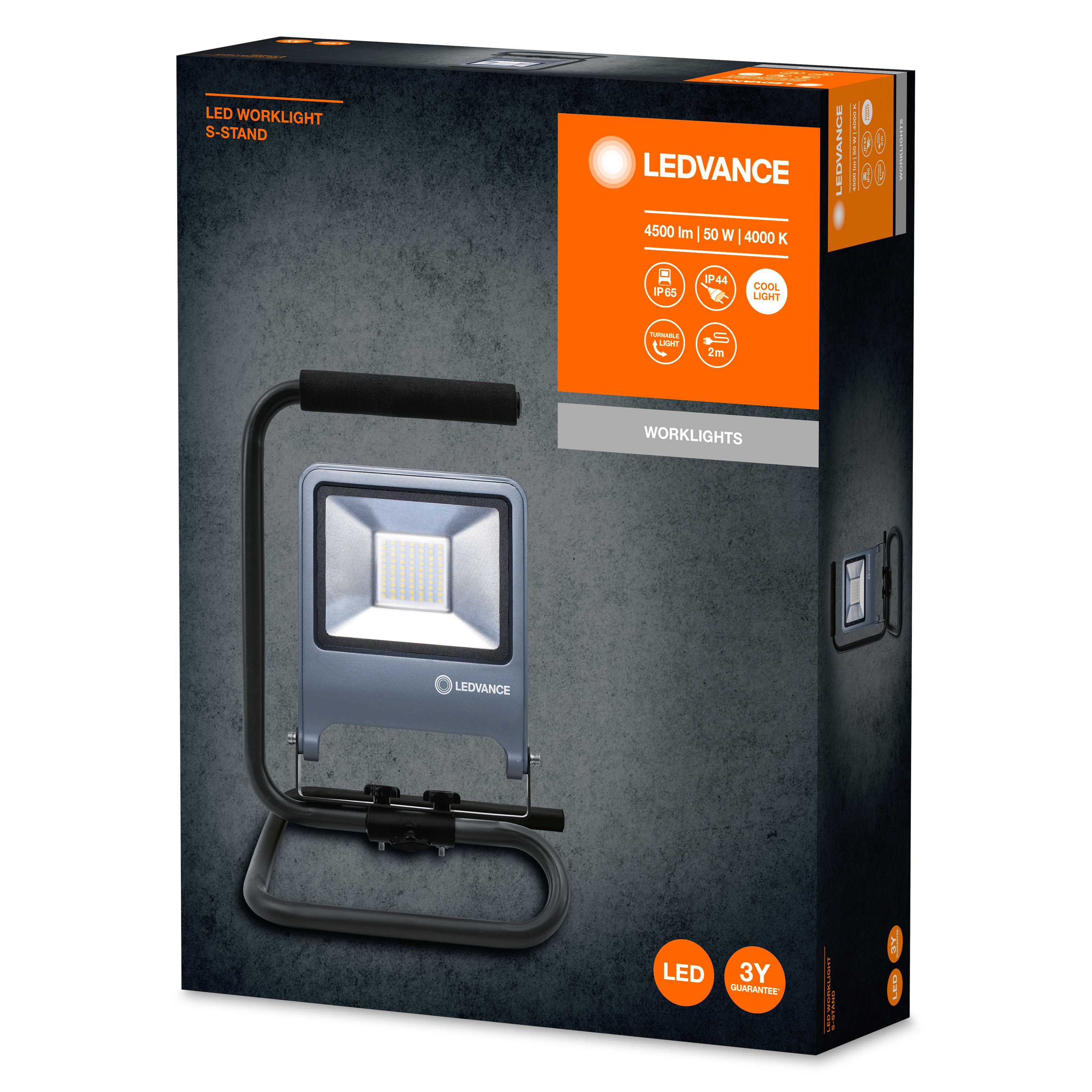 LED-Arbeitsleuchtenbox mit LED-Leuchte und Griff. Text: LEDVANCE, 4500 lm, 50W, 4000K.