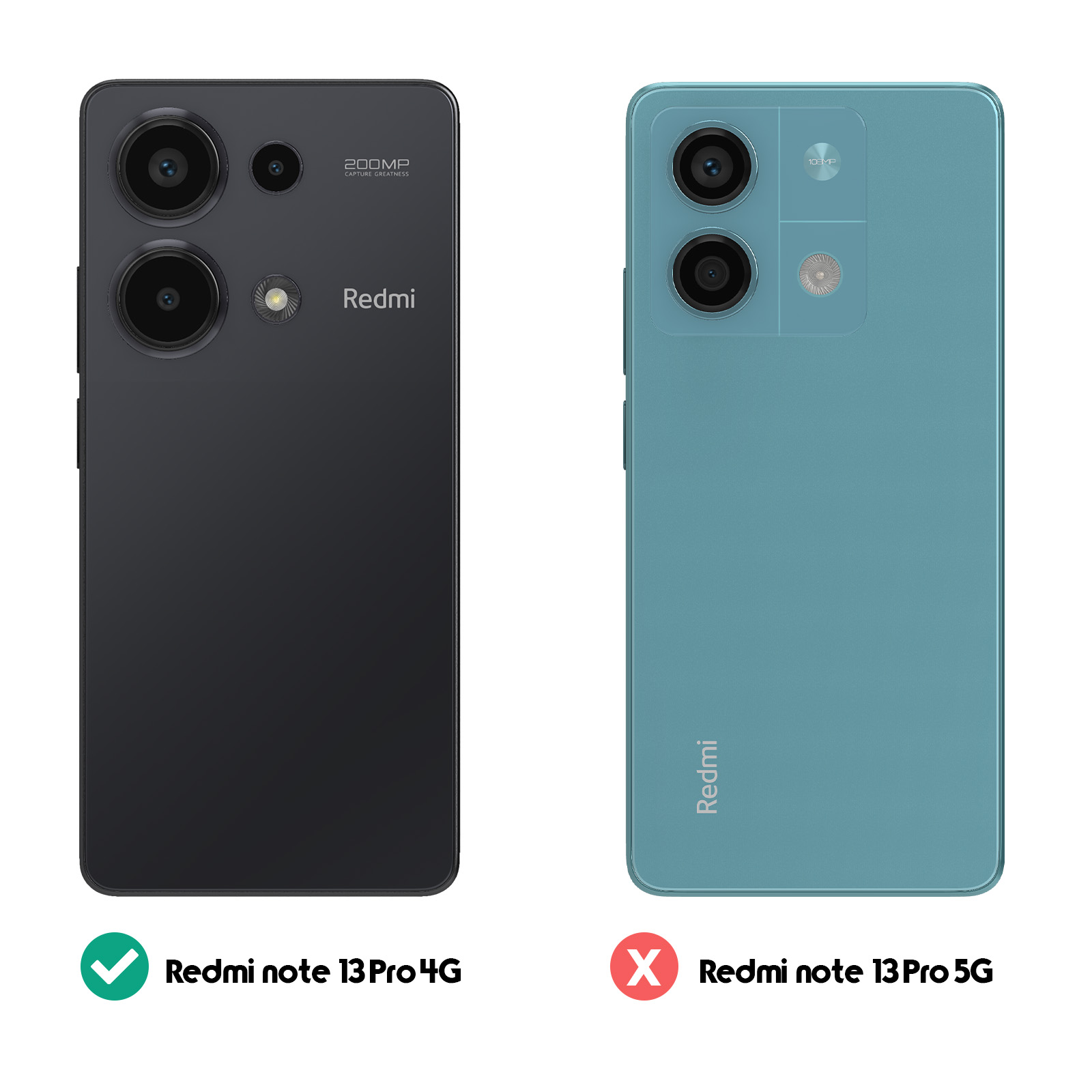 Due cover posteriori per telefono, una nera, una verde acqua. Il testo indica le versioni Redmi Note 13 Pro 4G e 5G.