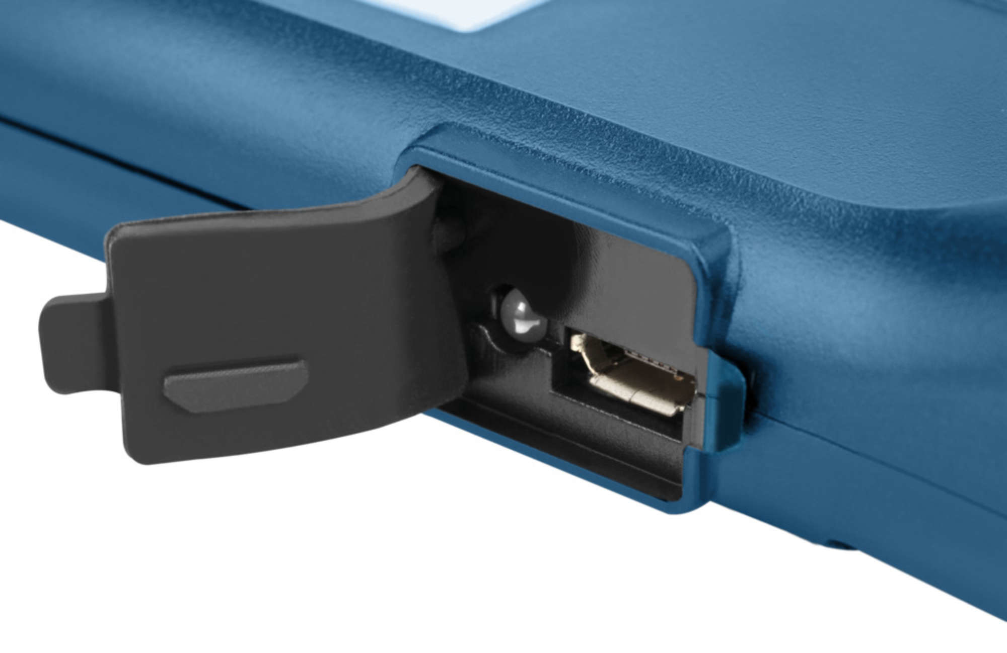 Un gros plan d'un appareil bleu avec un port USB.