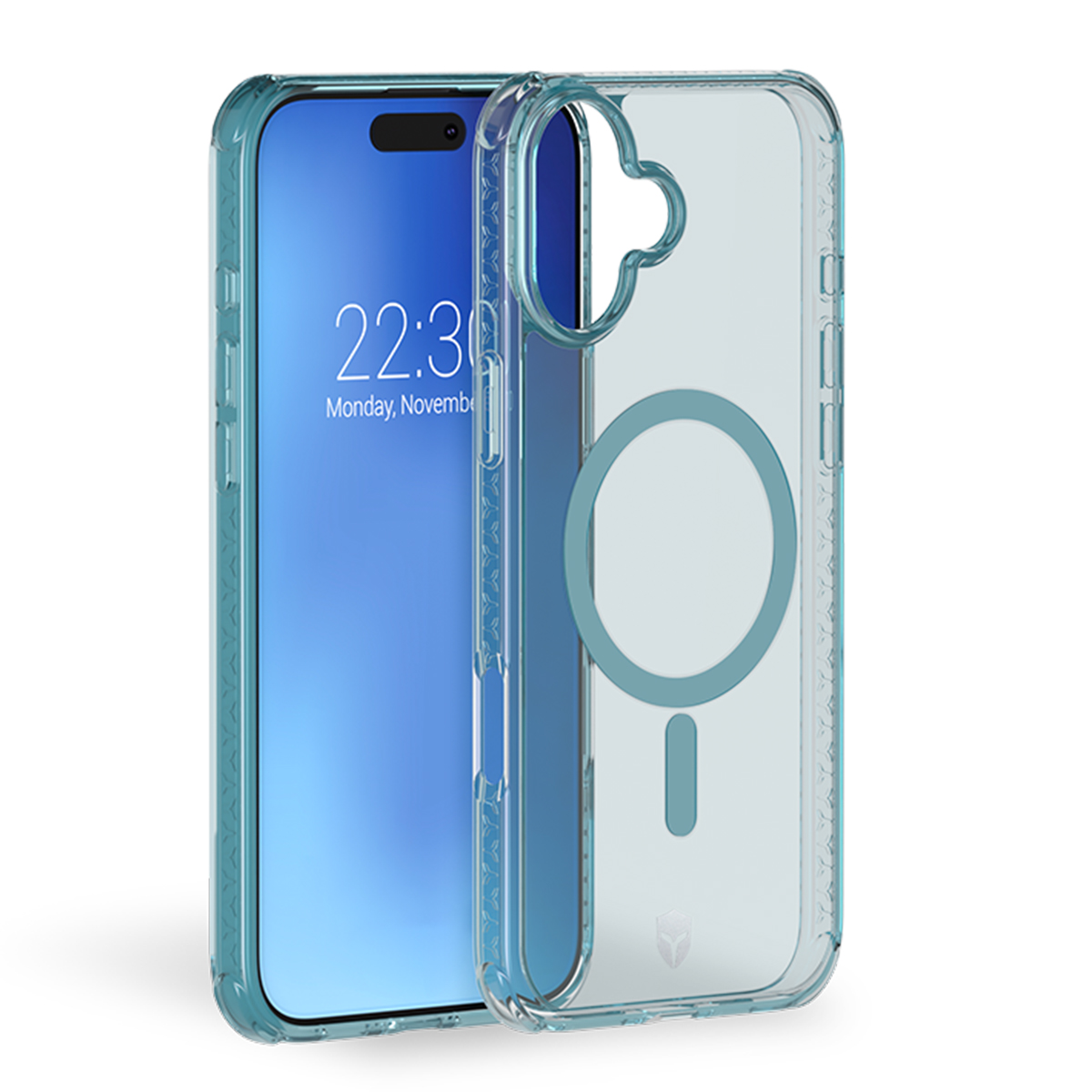 Custodia trasparente verde acqua con telefono all'interno. Il telefono mostra l'ora.