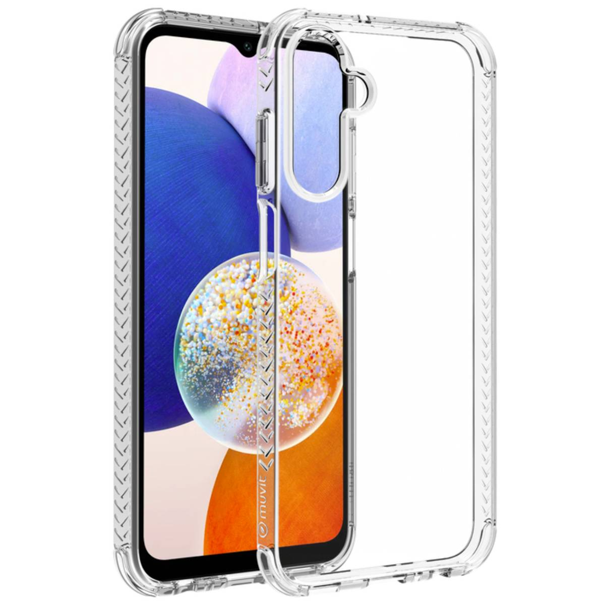 Una custodia trasparente per telefono su un telefono con sfondo blu e bianco. La custodia ha un design decorativo.