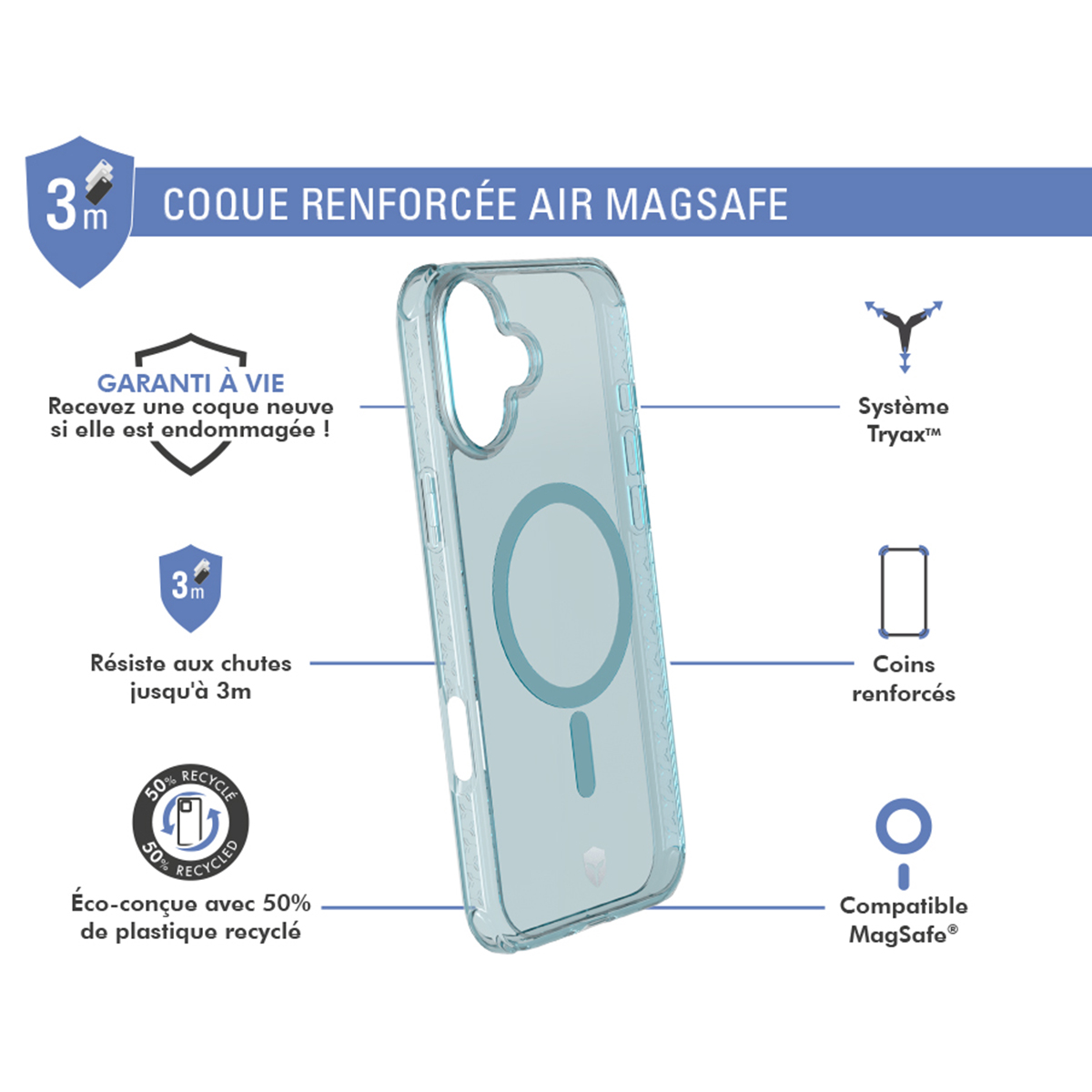 Custodia trasparente con un anello blu. Testo: custodia magsafe ad aria rinforzata. Sfondo bianco.