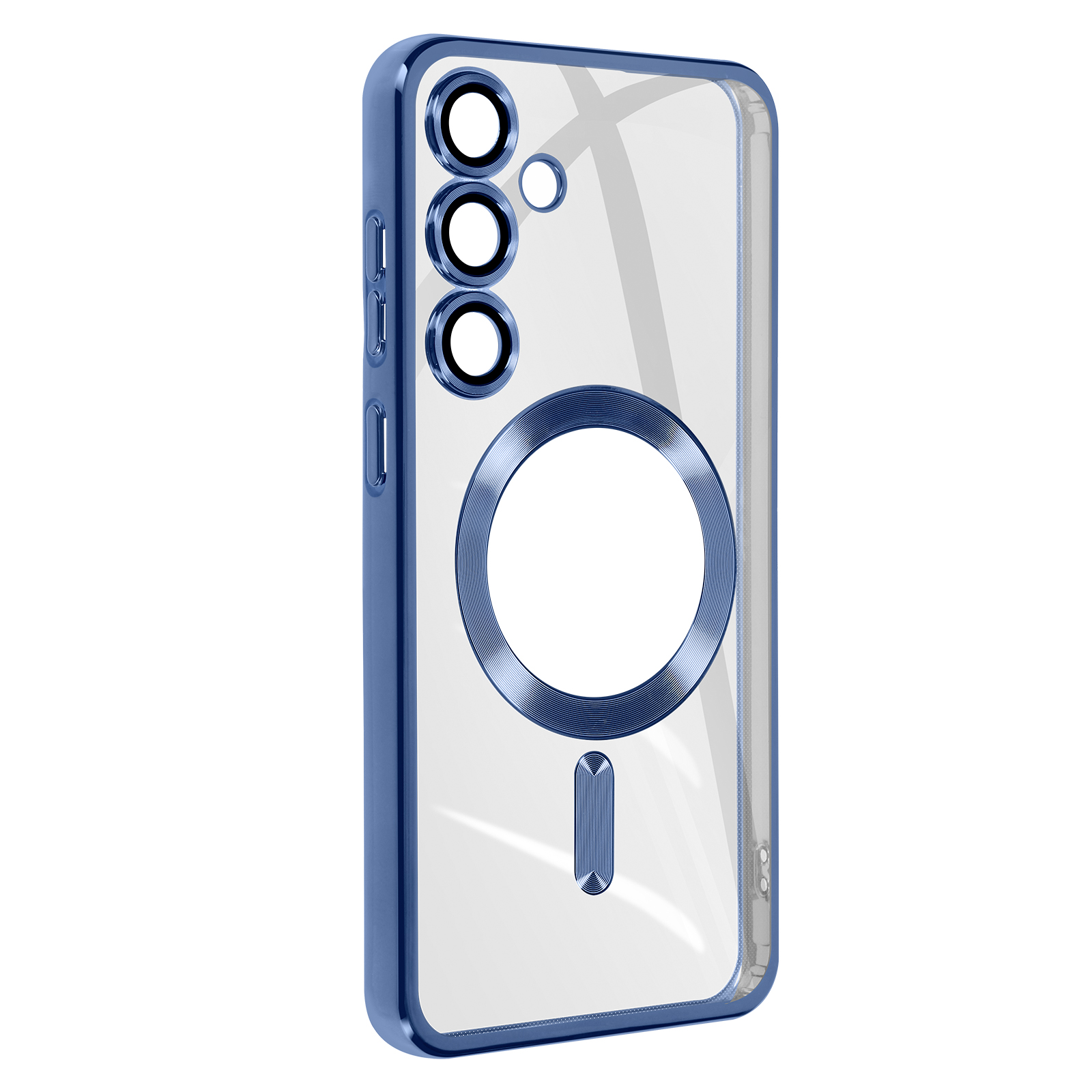 Custodia blu per telefono. Trasparente, con bordo blu e area magnetica circolare.