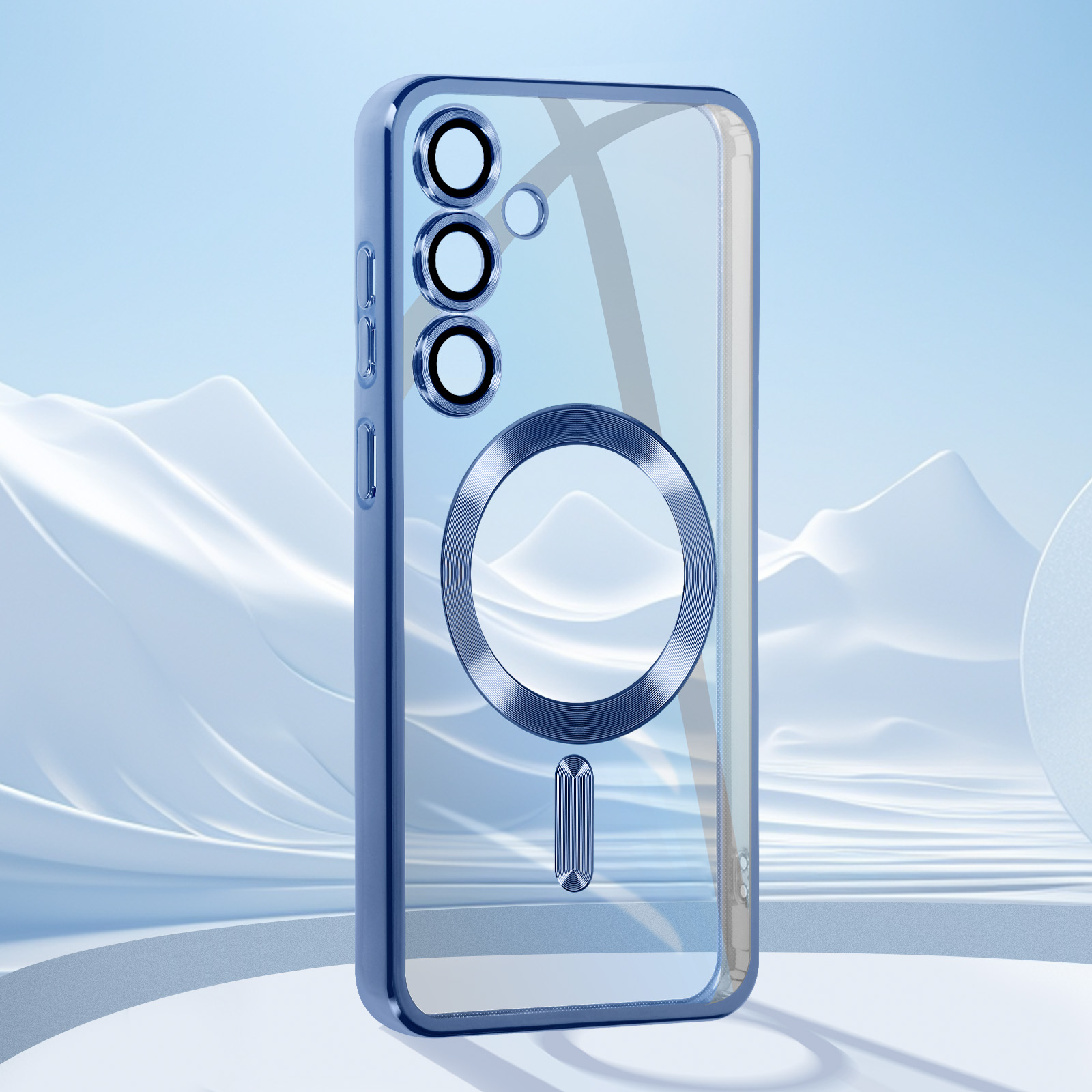 Una custodia blu con retro trasparente e porta anello. Lo sfondo è un paesaggio bianco stilizzato.