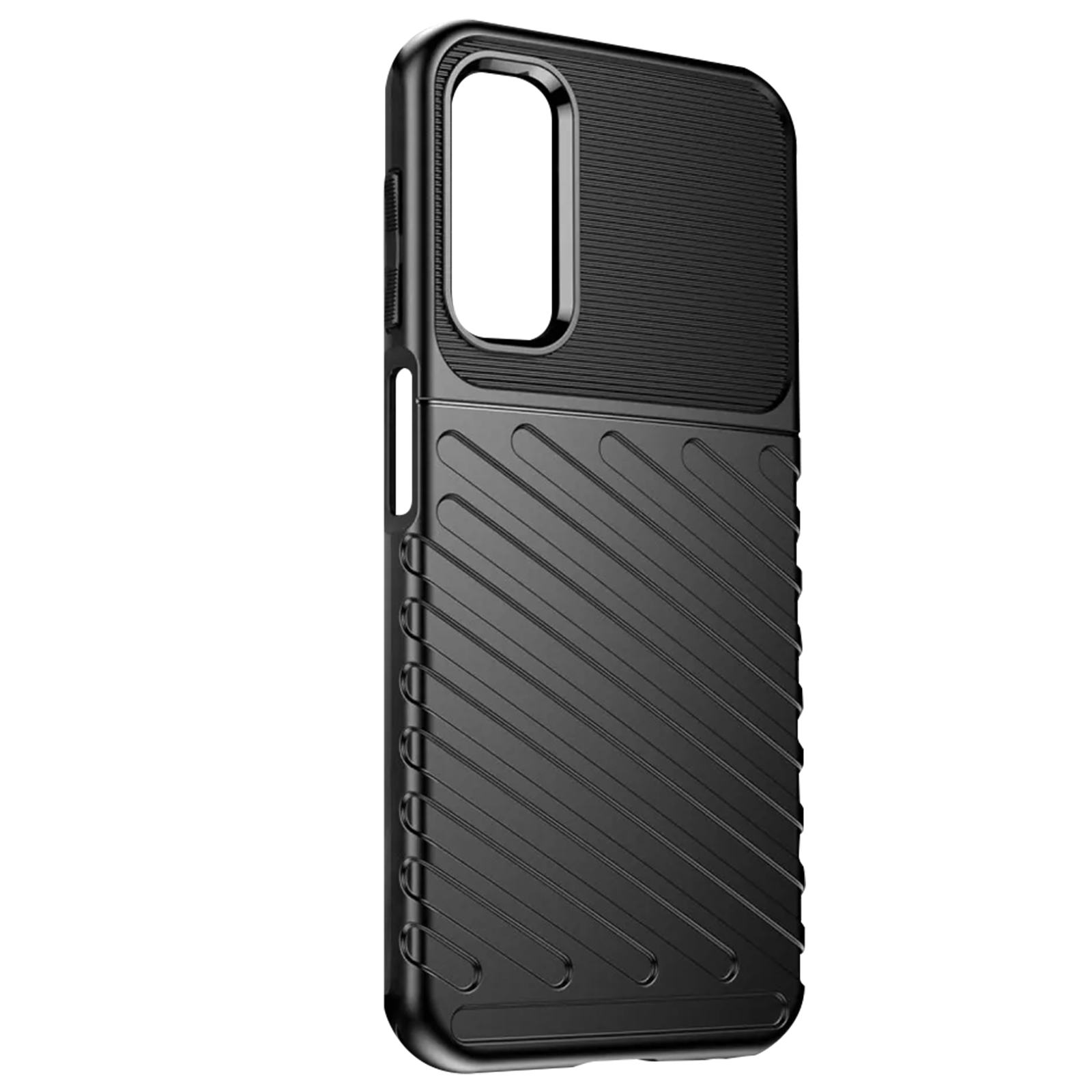 Una custodia per telefono nera con un design strutturato su sfondo bianco.