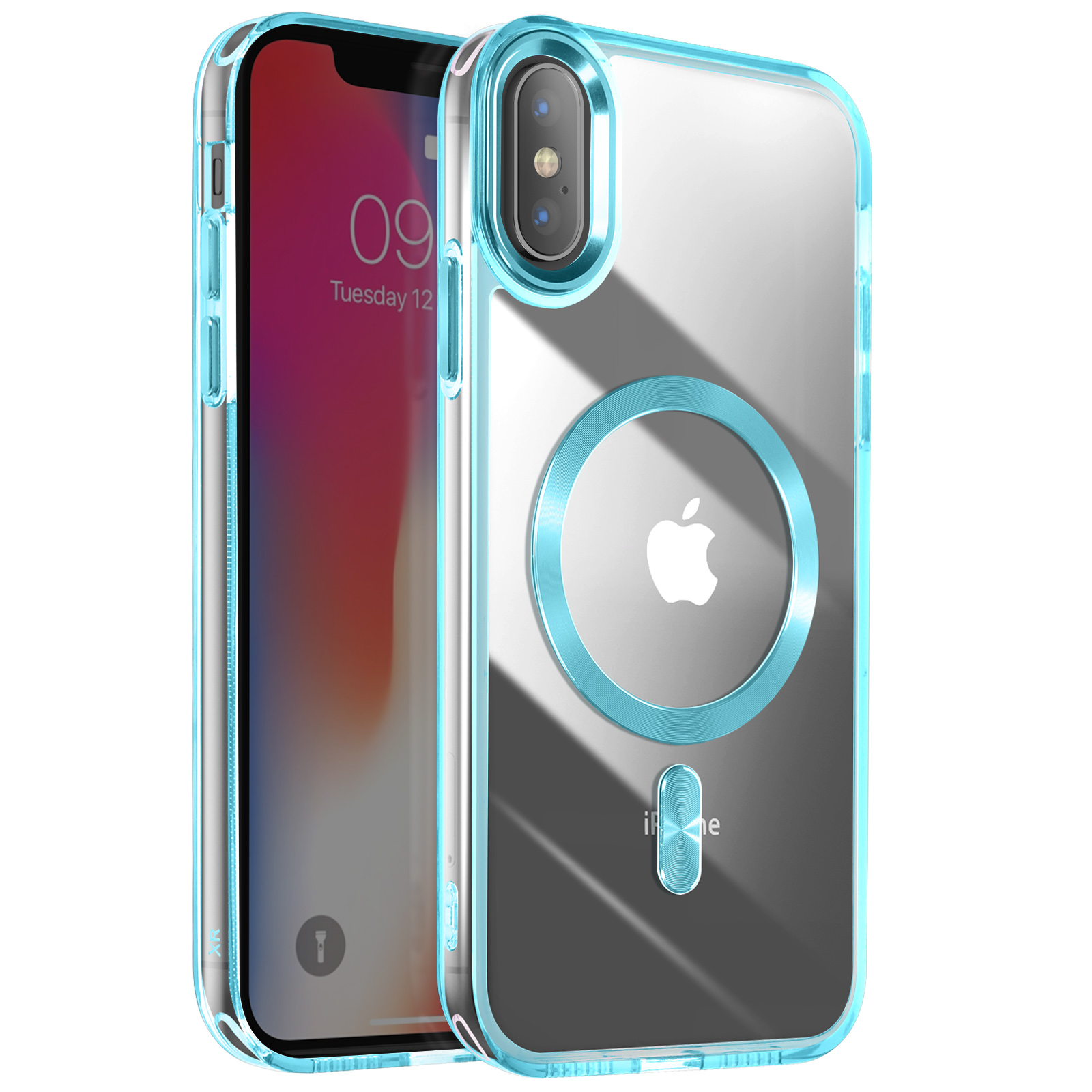 iPhone in una custodia trasparente con bordi blu chiaro. Il logo Apple è visibile. Sfondo grigio e bianco.