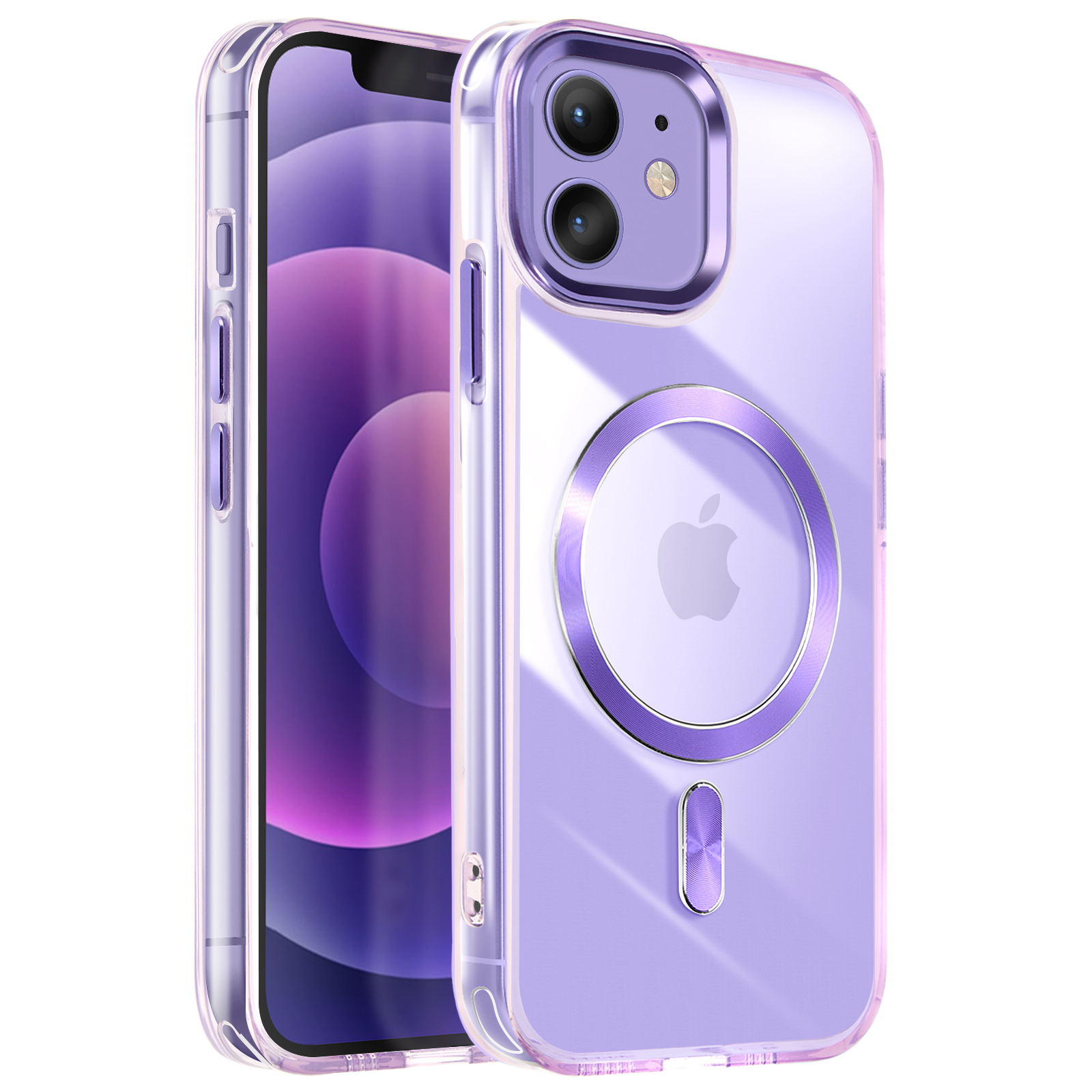 Custodia trasparente per iPhone con anello magnetico viola. Il telefono è visibile.
