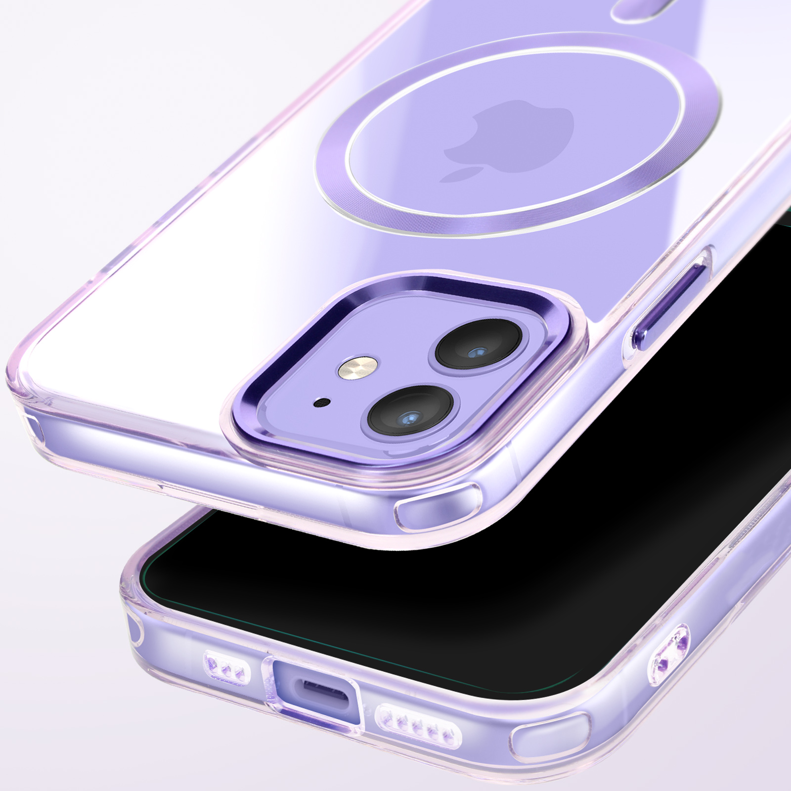 Custodia trasparente per telefono con un telefono. Il telefono ha lenti della fotocamera e il logo Apple.