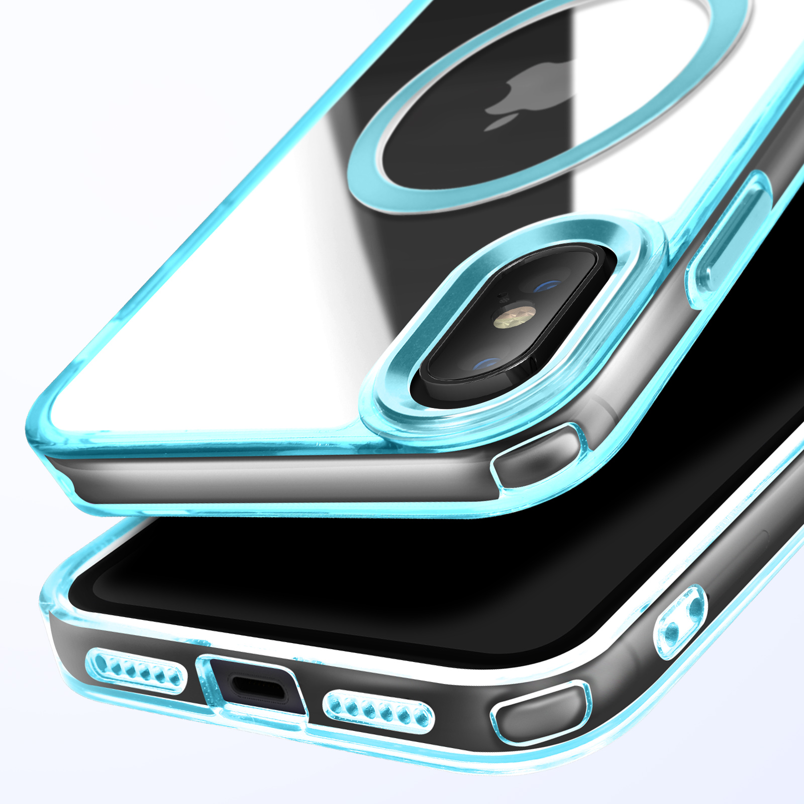 Una custodia trasparente per telefono con bordo blu. C'è un telefono dentro.