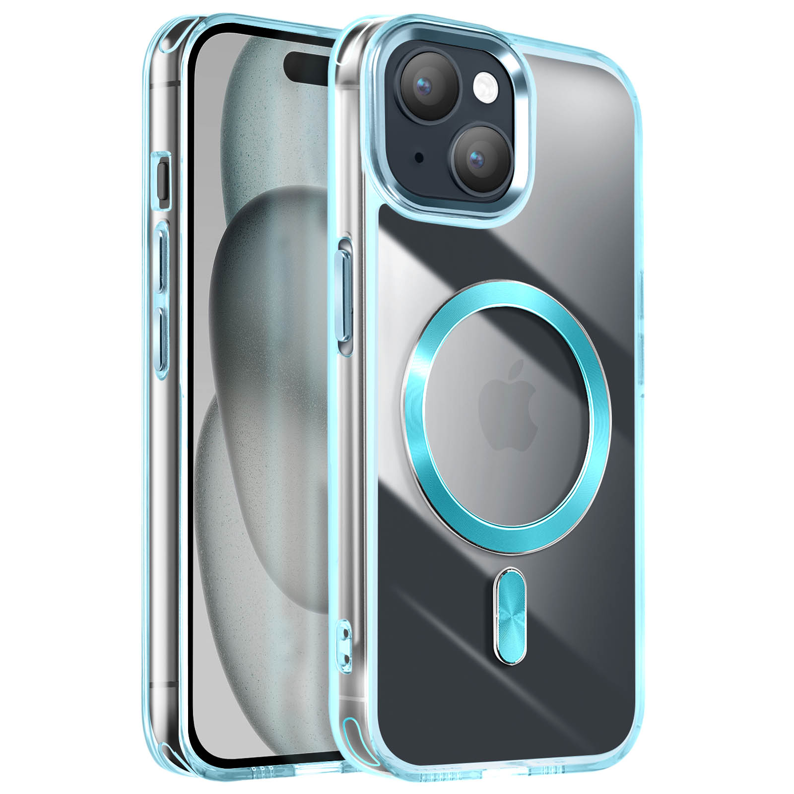 Custodia trasparente con dettagli blu, mostra il retro di un telefono. Contro uno sfondo bianco.