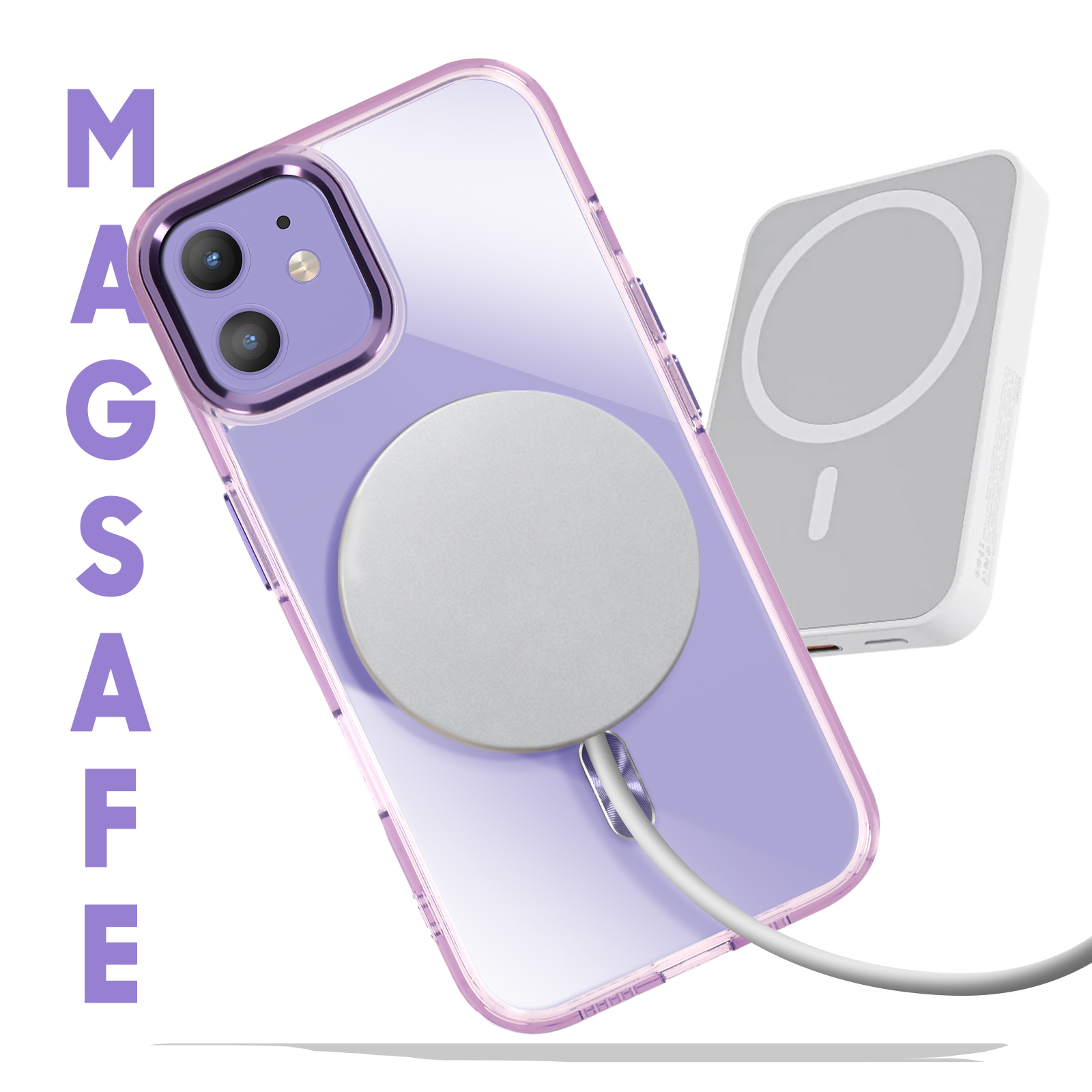 Telefono in una custodia viola con caricatore magsafe. La parola MAGSAFE è in viola.