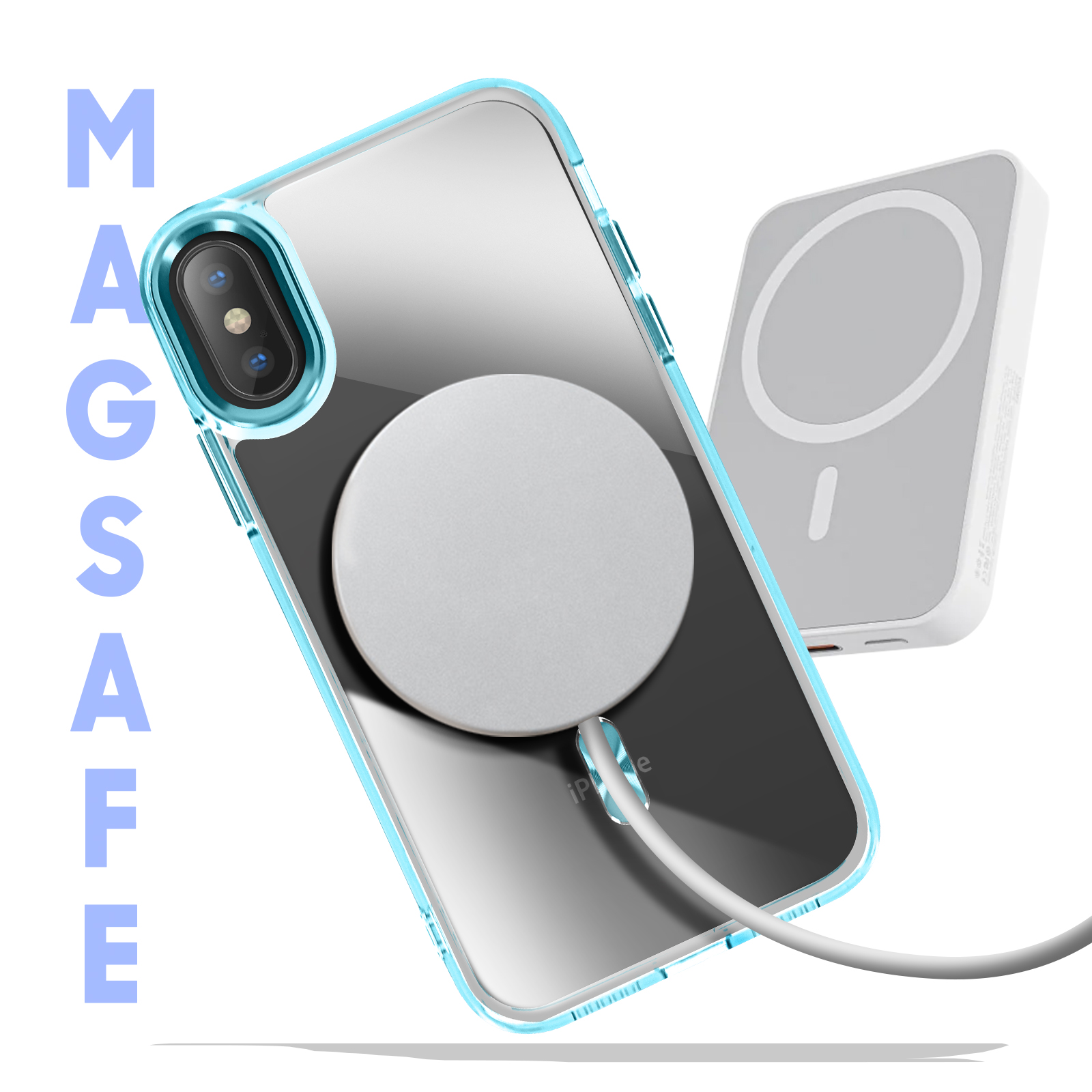 Custodia trasparente con un cerchio. Un caricatore. La parola MAGSAFE è scritta a sinistra.