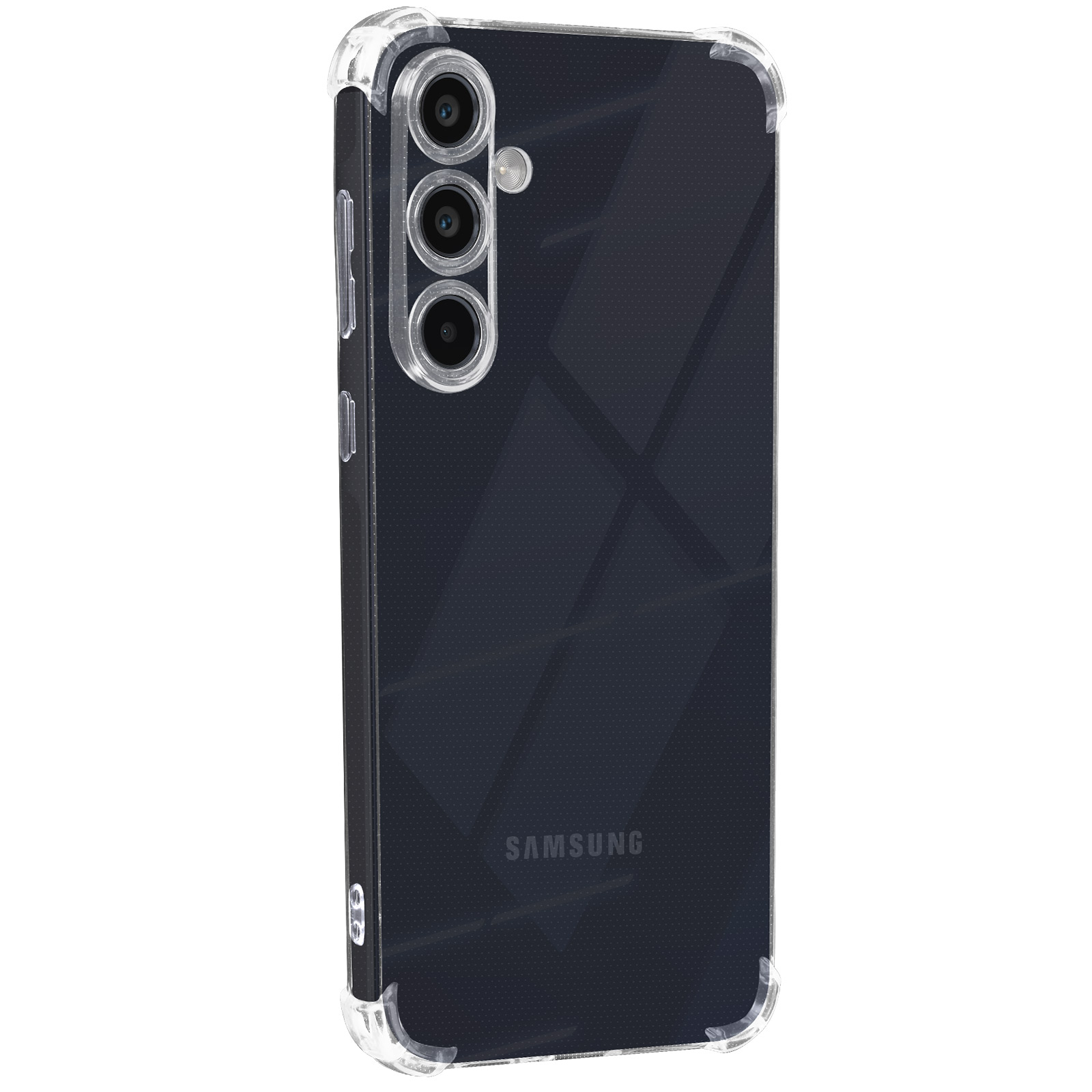 Custodia trasparente per telefono con un design scuro sul retro. Ha un bordo trasparente e fori per la fotocamera.