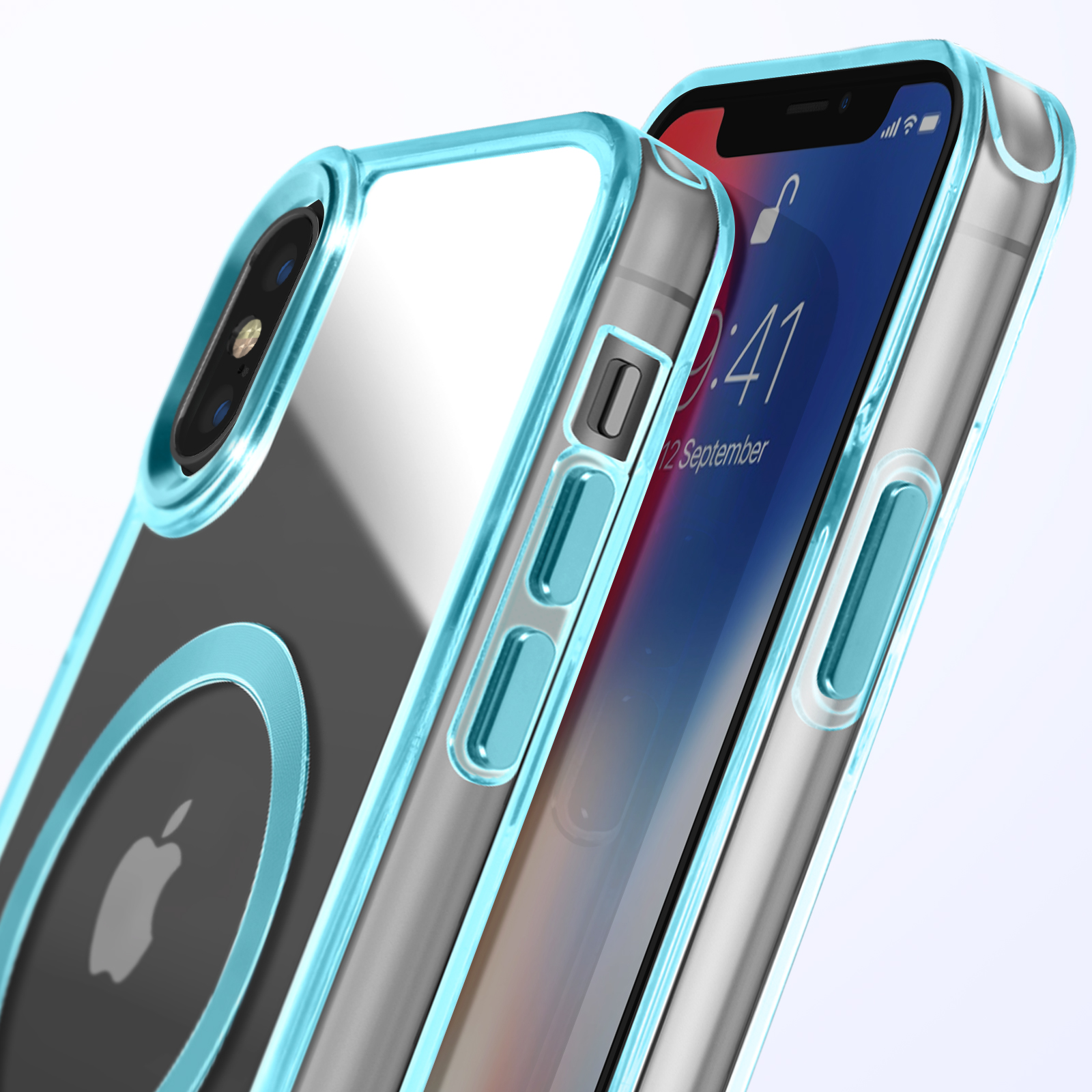 Telefono in una custodia trasparente e azzurra. Lo schermo mostra un'interfaccia iPhone bloccata.