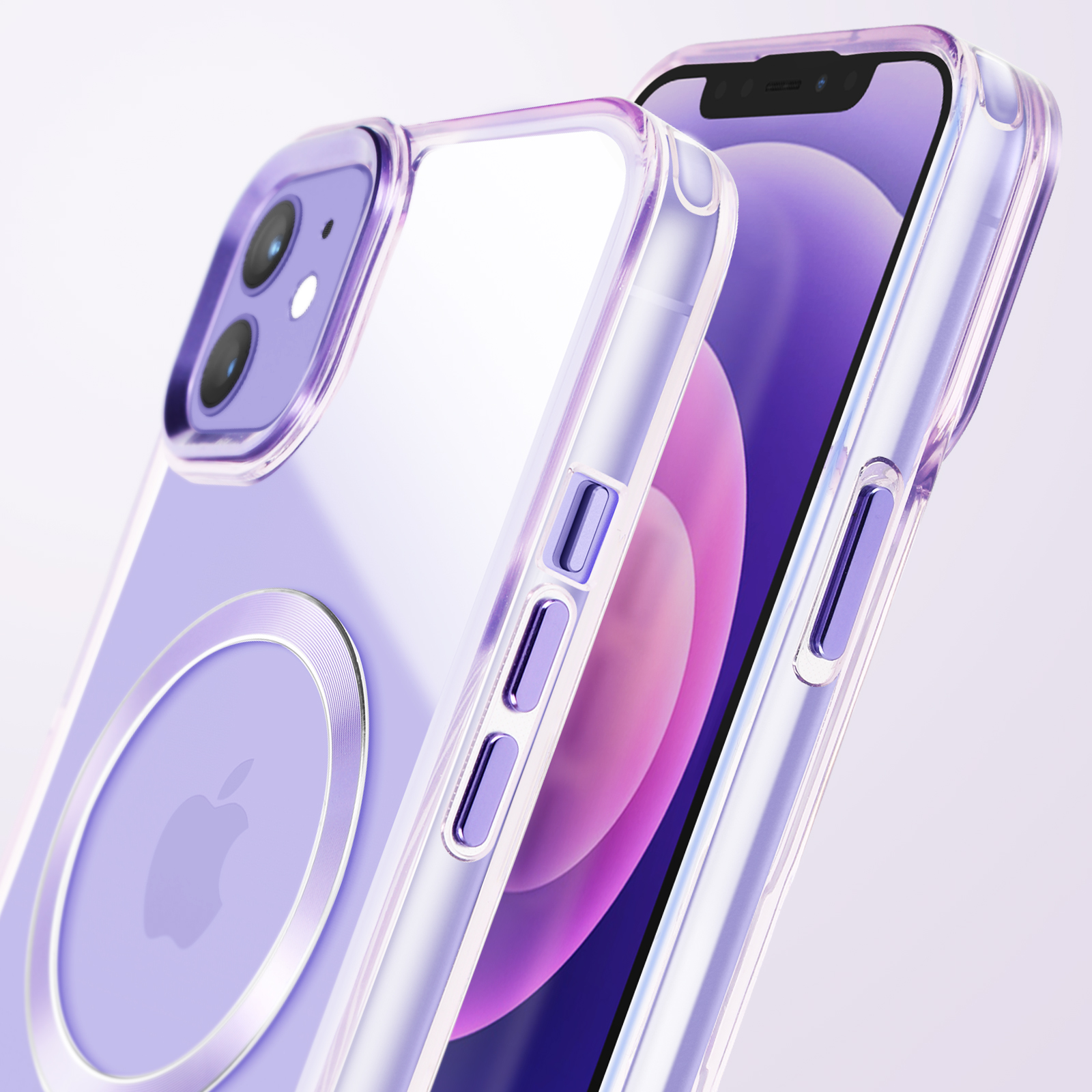 Primo piano di una custodia per telefono viola con retro trasparente e un iPhone con schermo viola sullo sfondo.