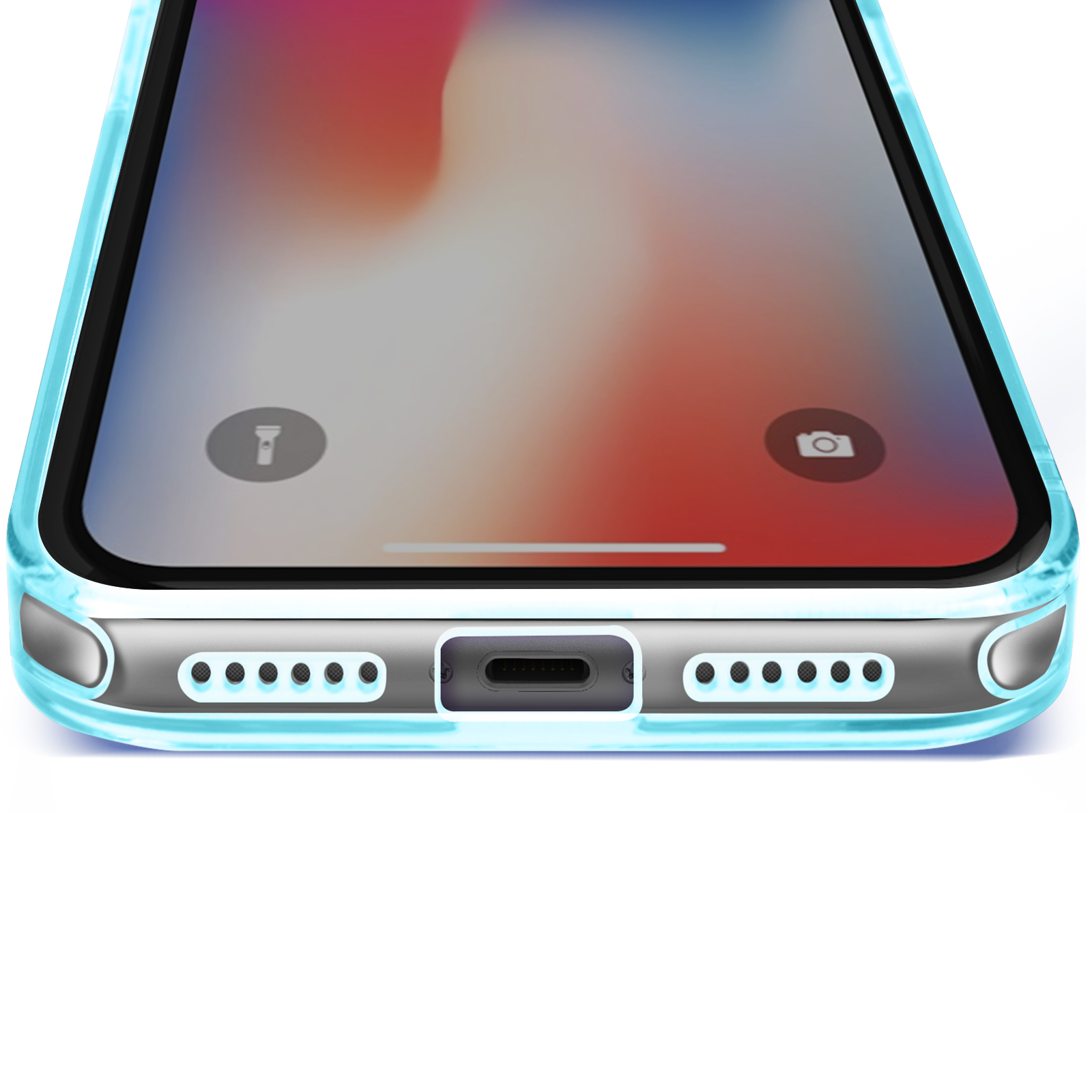 Primo piano di un telefono. La custodia è azzurra e lo schermo mostra la schermata iniziale.