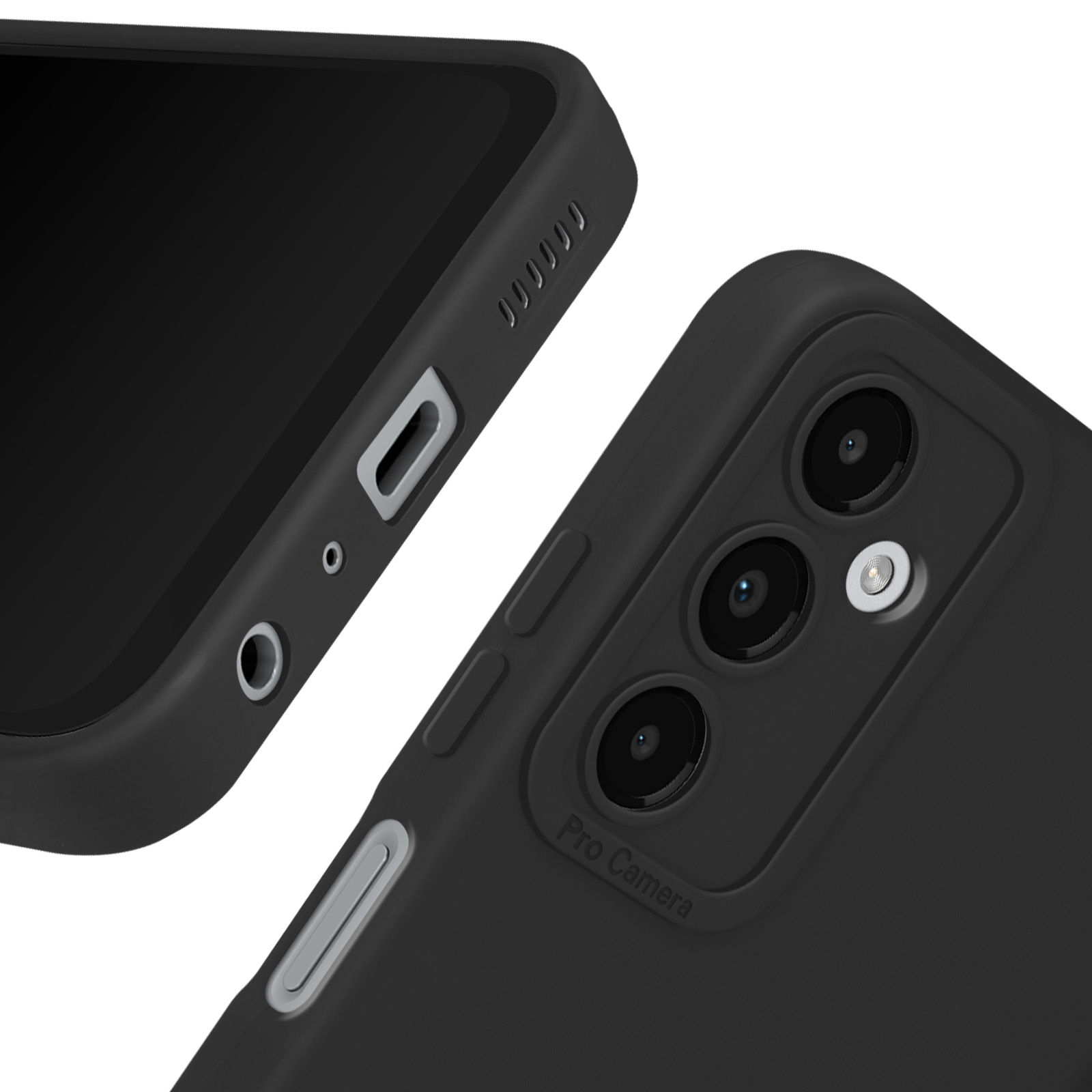 Custodia nera per telefono con ritagli per la fotocamera. Primo piano di una custodia con tre obiettivi.