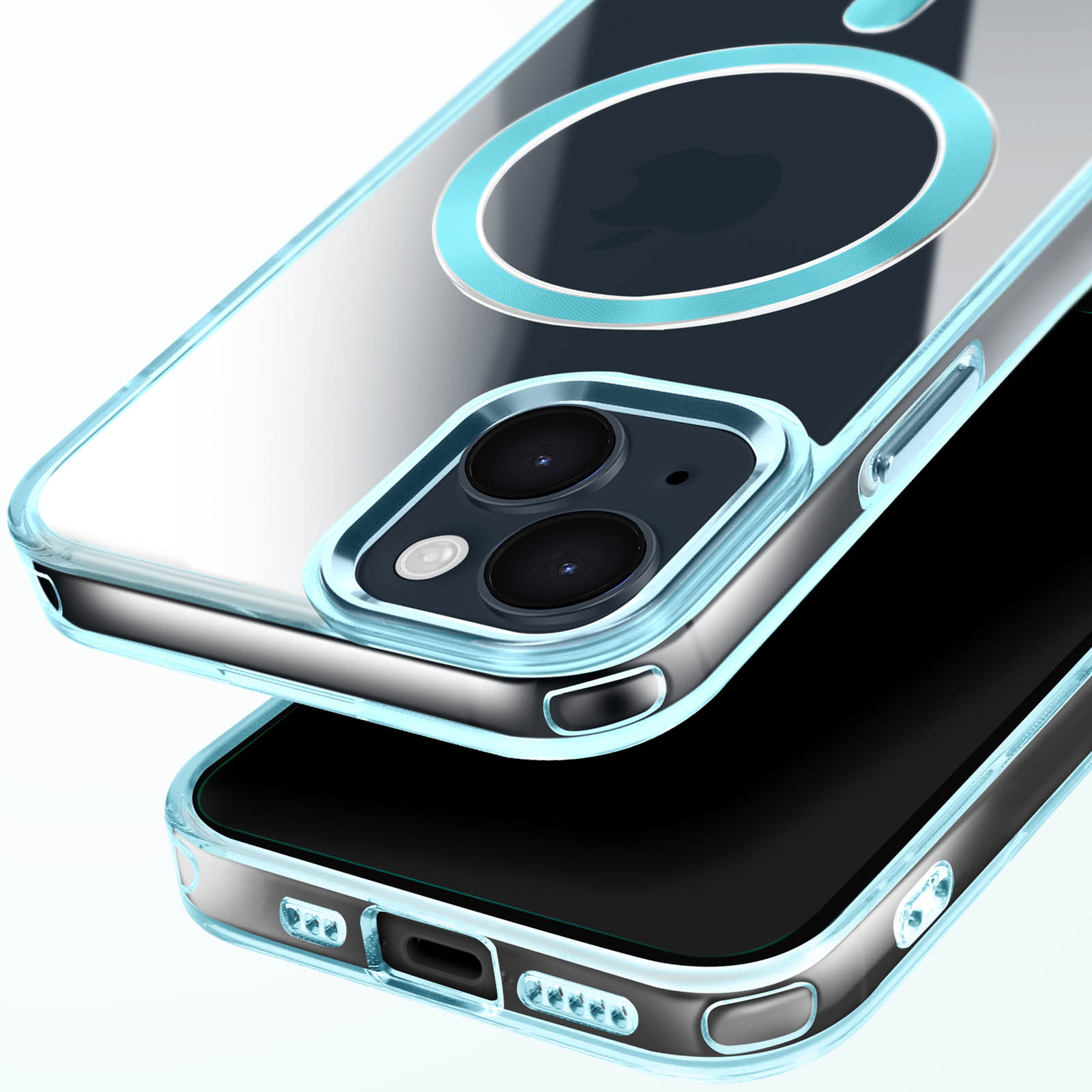 Due custodie trasparenti per telefono, una sopra l'altra. Quella superiore ha un cerchio blu.