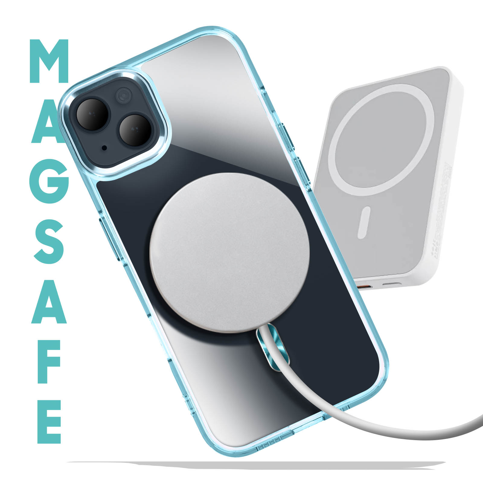 Telefono in custodia blu collegato a un caricatore MagSafe. La parola MAGSAFE è scritta a sinistra.
