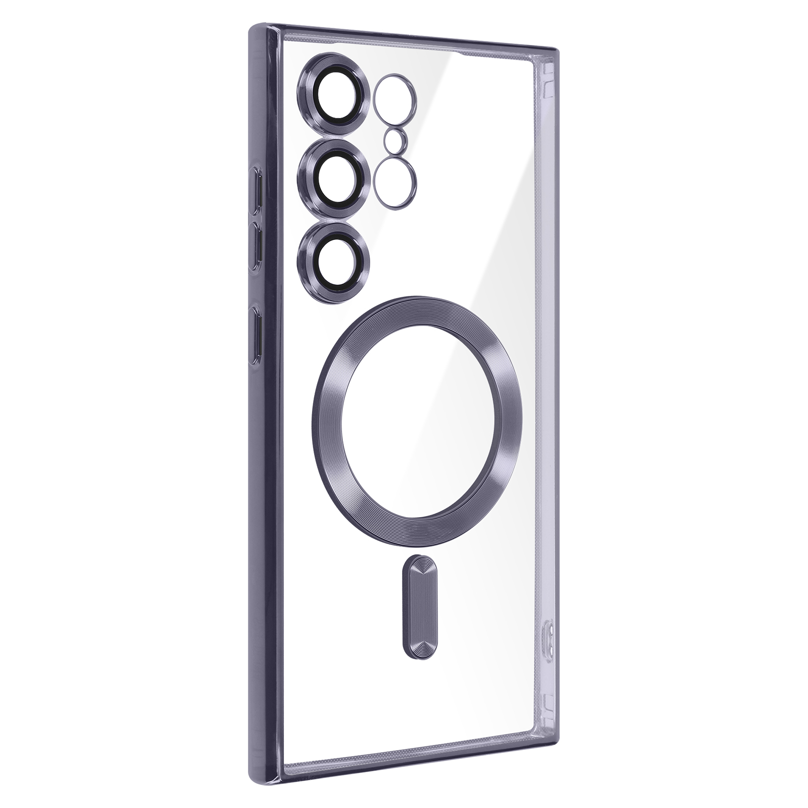 Custodia trasparente per telefono con finiture viola. Anello circolare e tre fori per fotocamera.