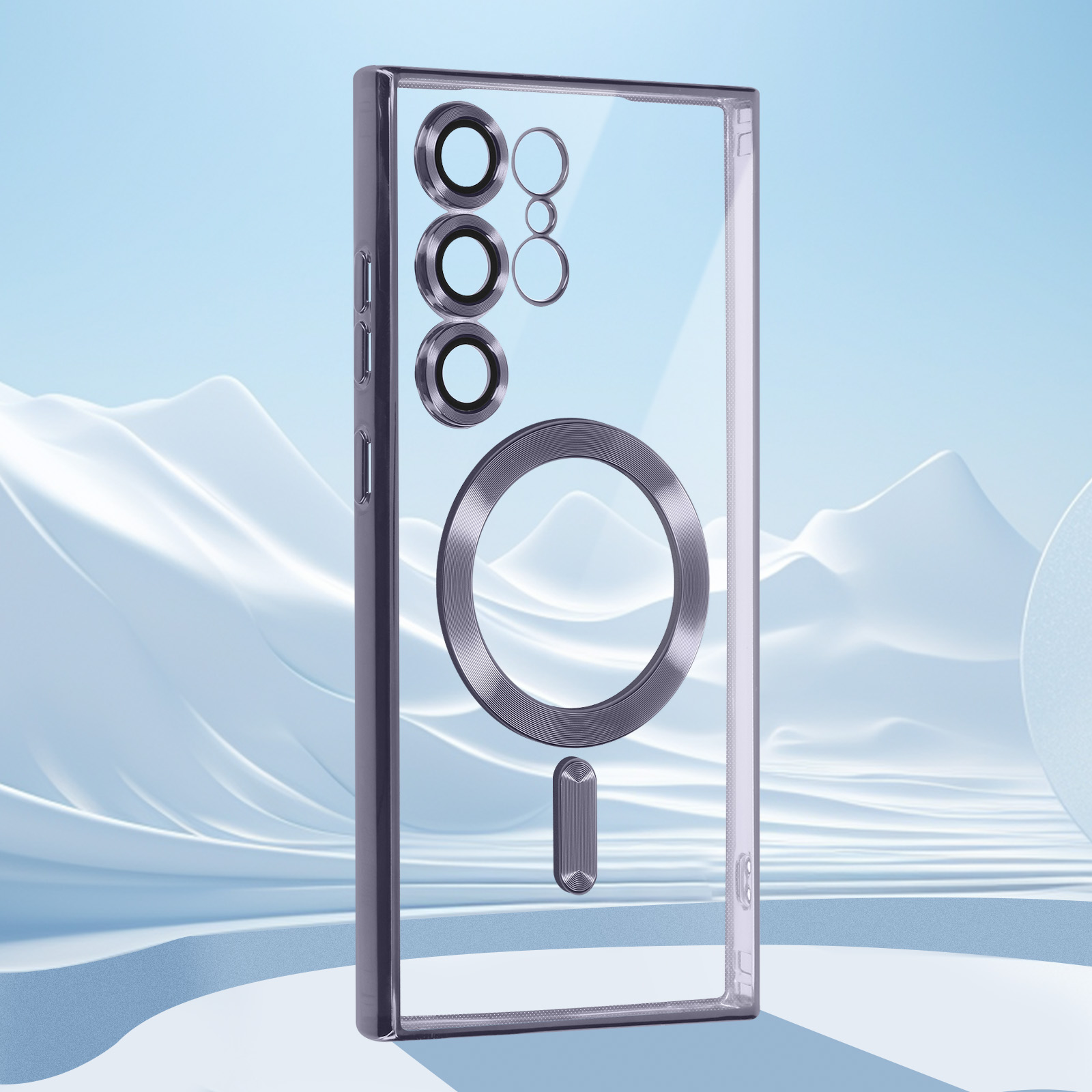 Telefono in una custodia trasparente con un anello magnetico argentato. Il telefono è su uno sfondo bianco e azzurro.