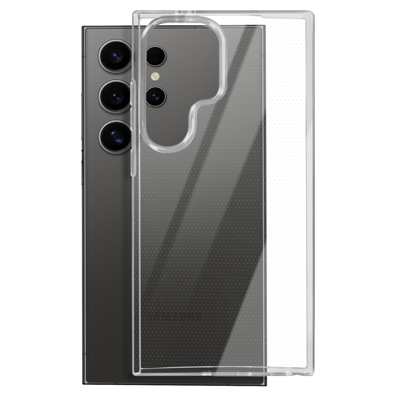 Una custodia trasparente per telefono su un telefono. Il telefono ha tre fotocamere.