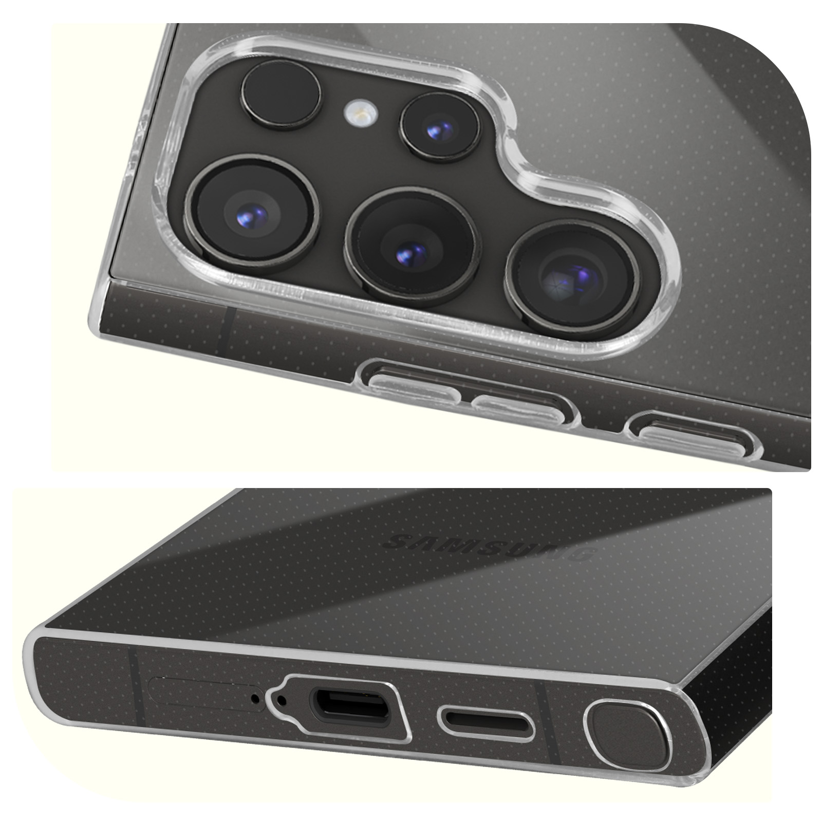 Custodia per telefono con dettaglio fotocamera. Custodia trasparente con pois neri.
