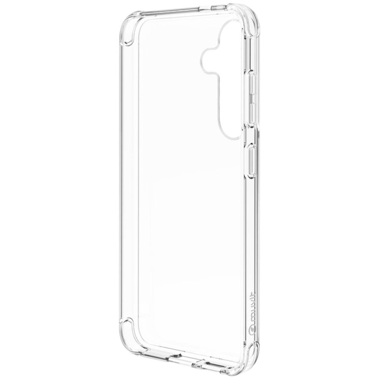 Custodia trasparente, trasparente con un leggero bordo, pulsanti laterali visibili. Sfondo bianco.