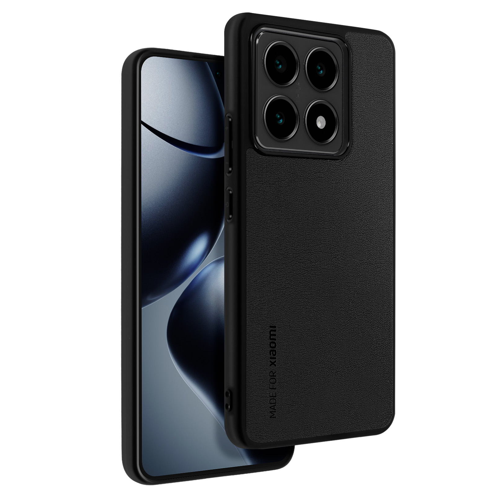 Coque de téléphone noire avec les mots 'MADE FOR XIAOMI'. Le téléphone est noir.