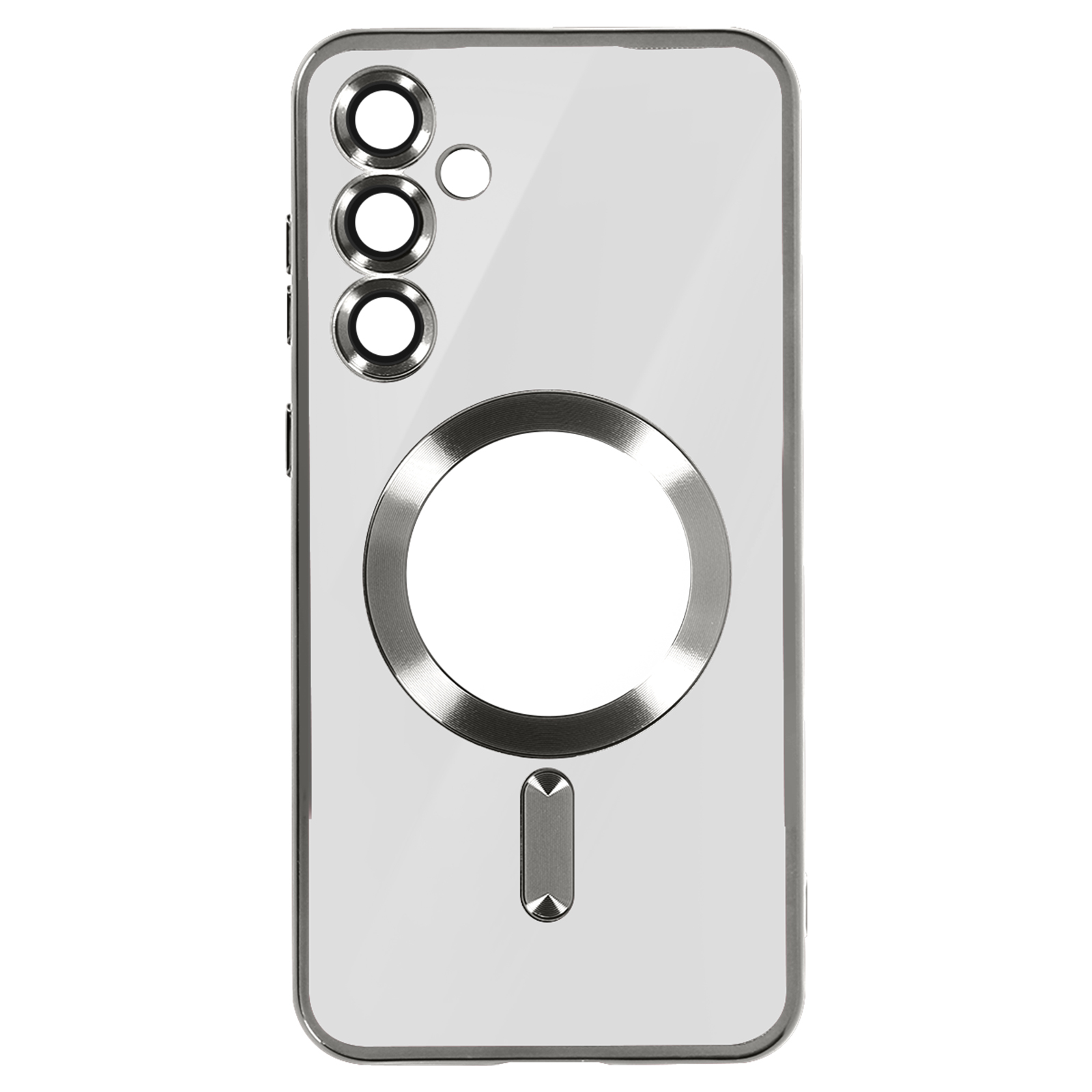 Una custodia bianca per telefono con un design circolare argentato e un design rettangolare. La custodia ha tre ritagli per la fotocamera.