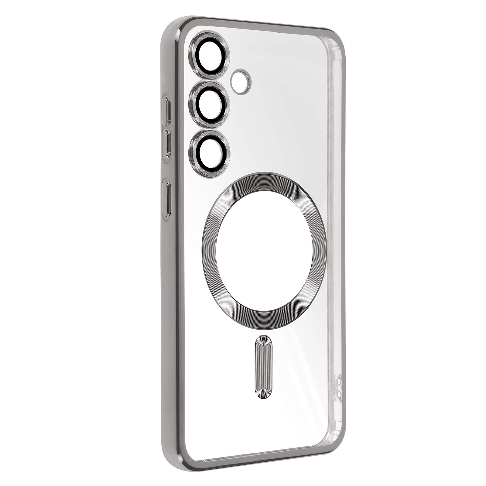 Custodia trasparente per telefono con bordo argentato. Il retro ha un anello argentato per un caricatore.