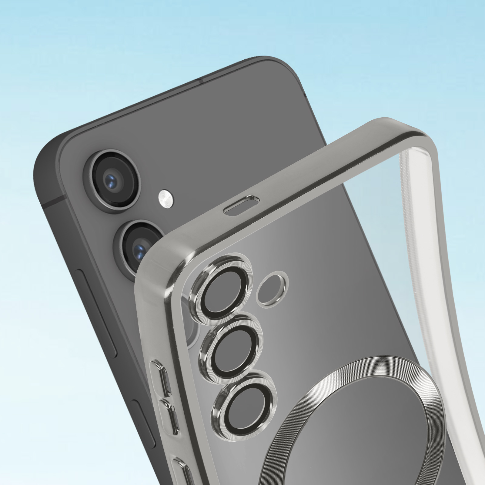 Due telefoni con custodia. Uno è dietro una custodia trasparente e l'altro è argentato. Entrambi hanno ritagli per la fotocamera.