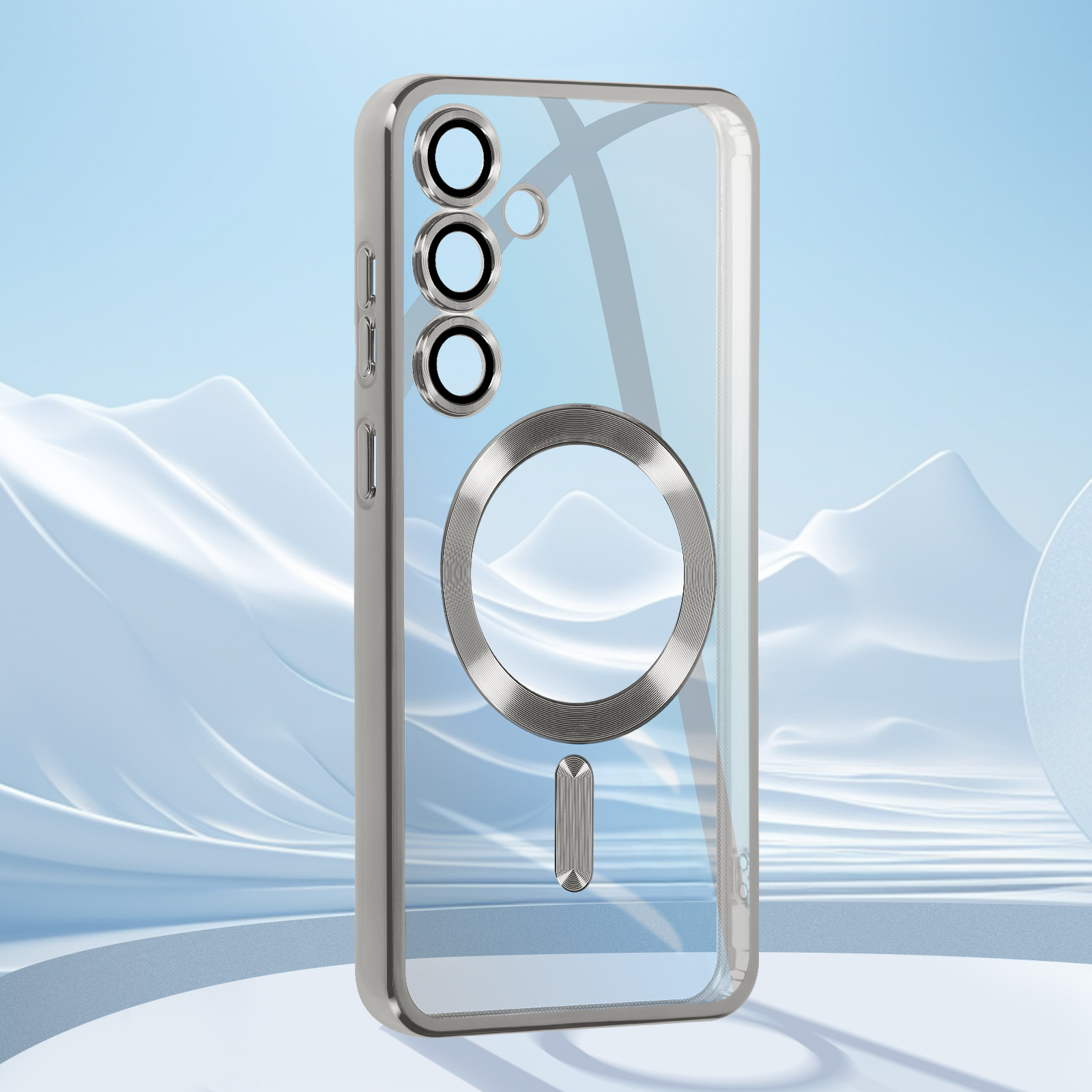 Una custodia trasparente per telefono con un anello metallico argentato e un modulo fotocamera. Lo sfondo è una sfumatura blu.