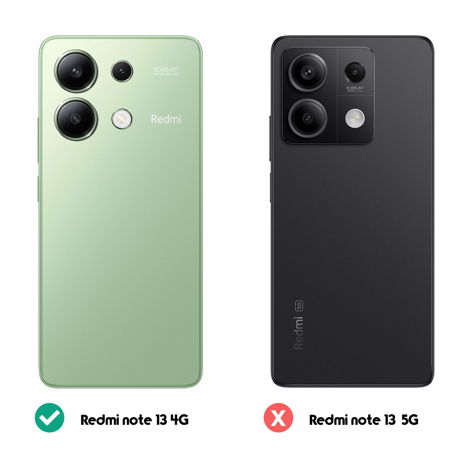 Vengono mostrati due telefoni. Uno è verde, Redmi note 13 4G. L'altro è nero, Redmi note 13 5G.